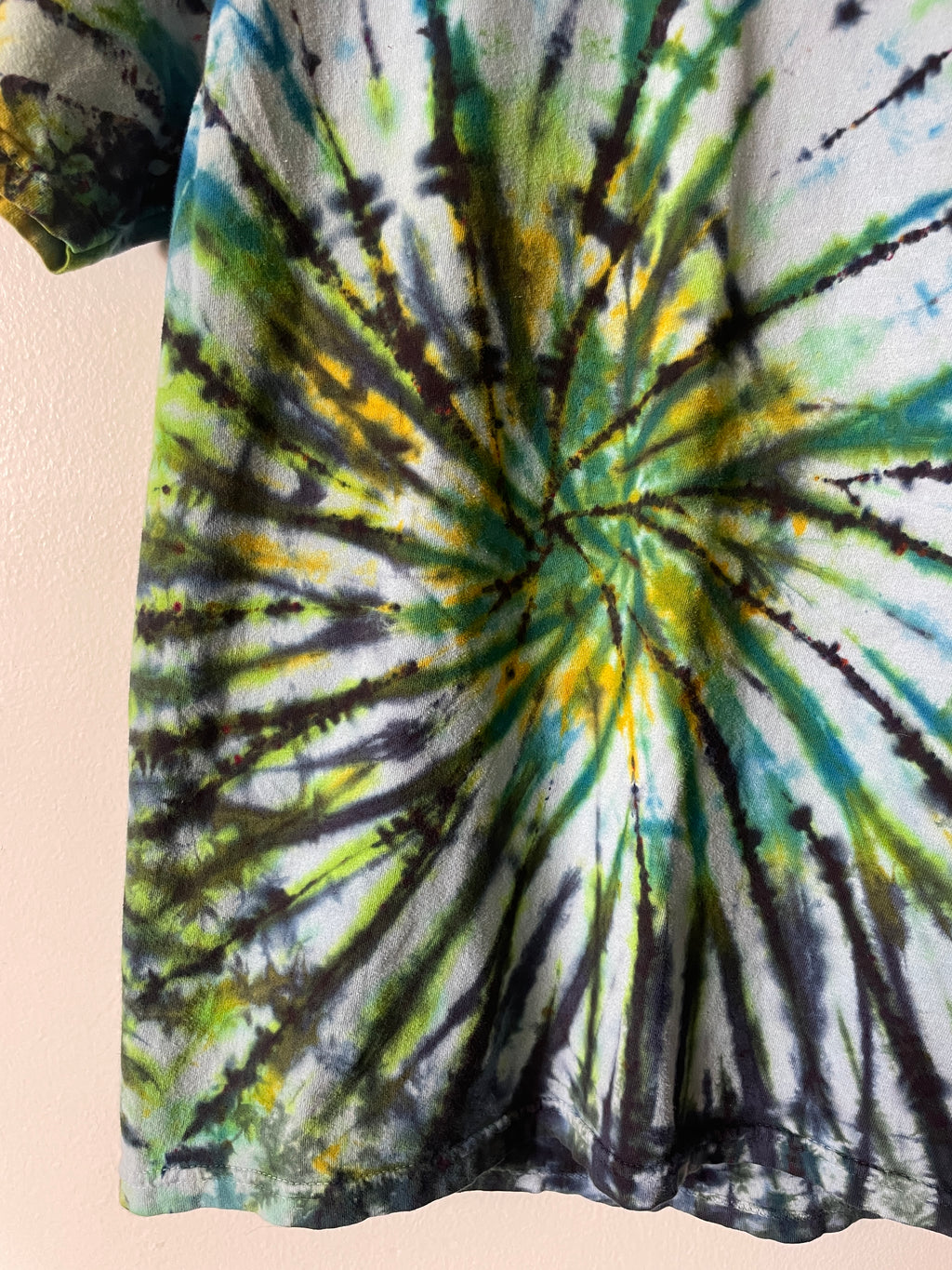Medium Men's Climb On Grim Reaper Handmade Tie Dye T-Shirt | One-Of-a-Kind Upcycled Blue and Green Spiral Short Sleeve Shirt