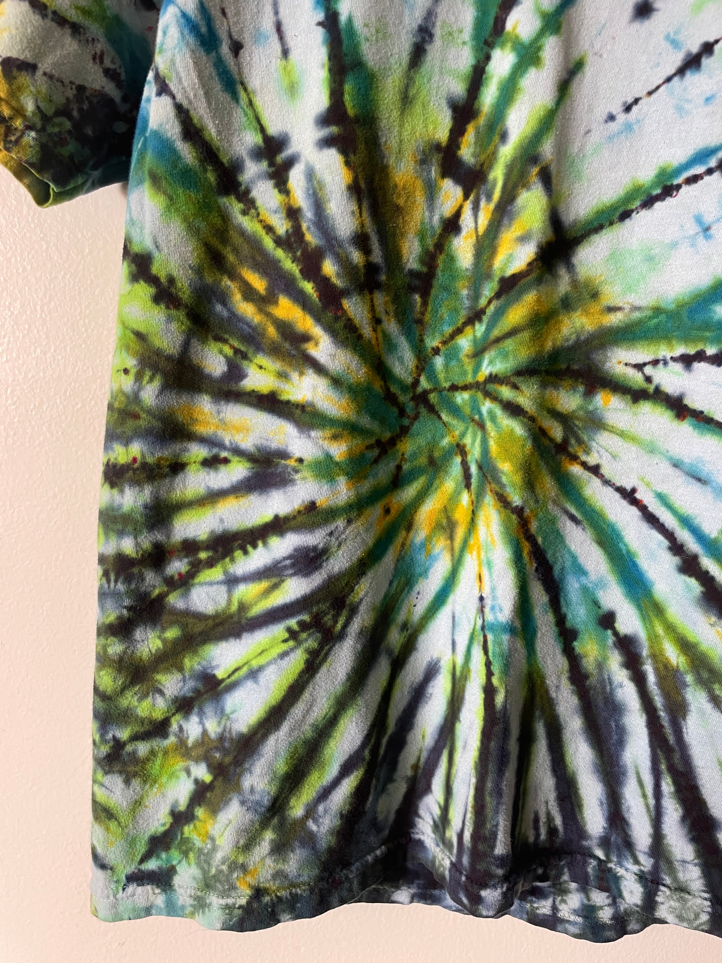 Medium Men's Climb On Grim Reaper Handmade Tie Dye T-Shirt | One-Of-a-Kind Upcycled Blue and Green Spiral Short Sleeve Shirt