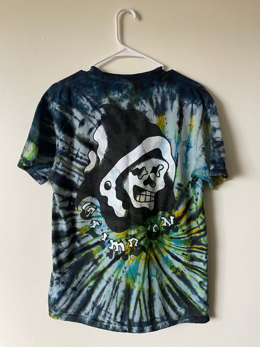 Medium Men's Climb On Grim Reaper Handmade Tie Dye T-Shirt | One-Of-a-Kind Upcycled Blue and Green Spiral Short Sleeve Shirt