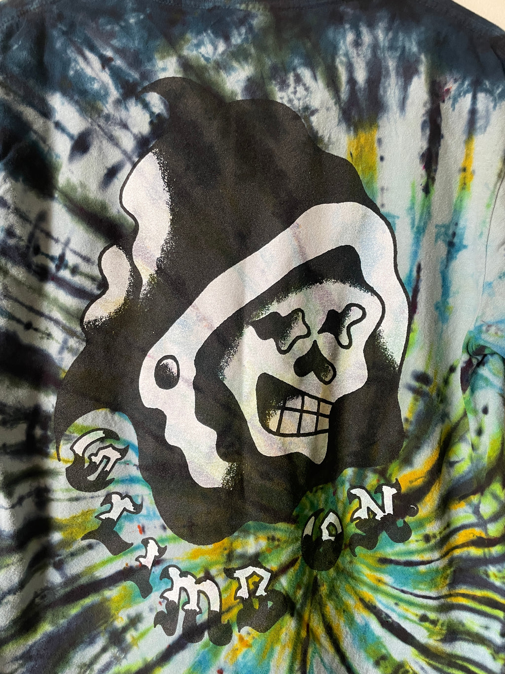 Medium Men's Climb On Grim Reaper Handmade Tie Dye T-Shirt | One-Of-a-Kind Upcycled Blue and Green Spiral Short Sleeve Shirt