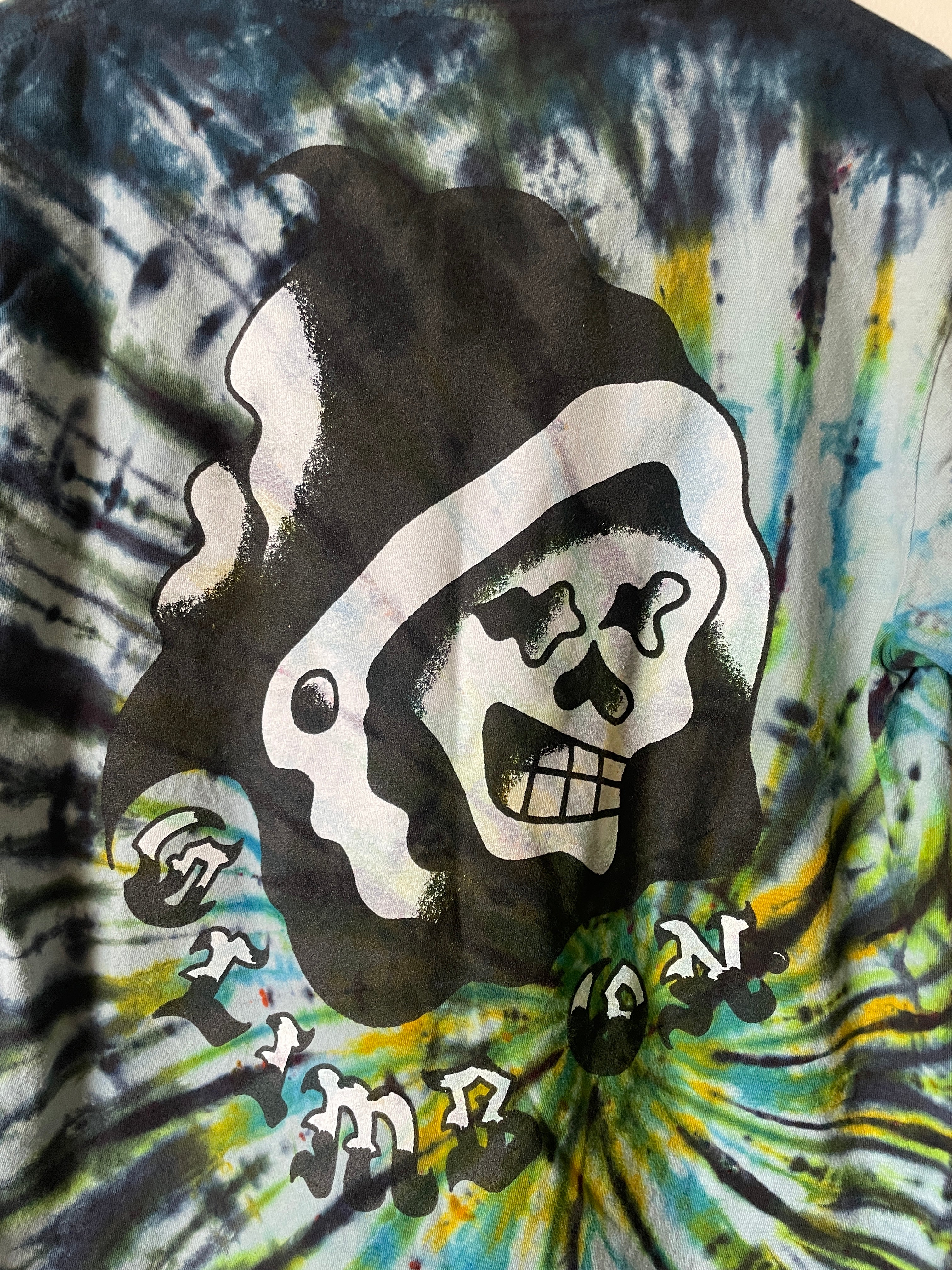 Medium Men's Climb On Grim Reaper Handmade Tie Dye T-Shirt | One-Of-a-Kind Upcycled Blue and Green Spiral Short Sleeve Shirt