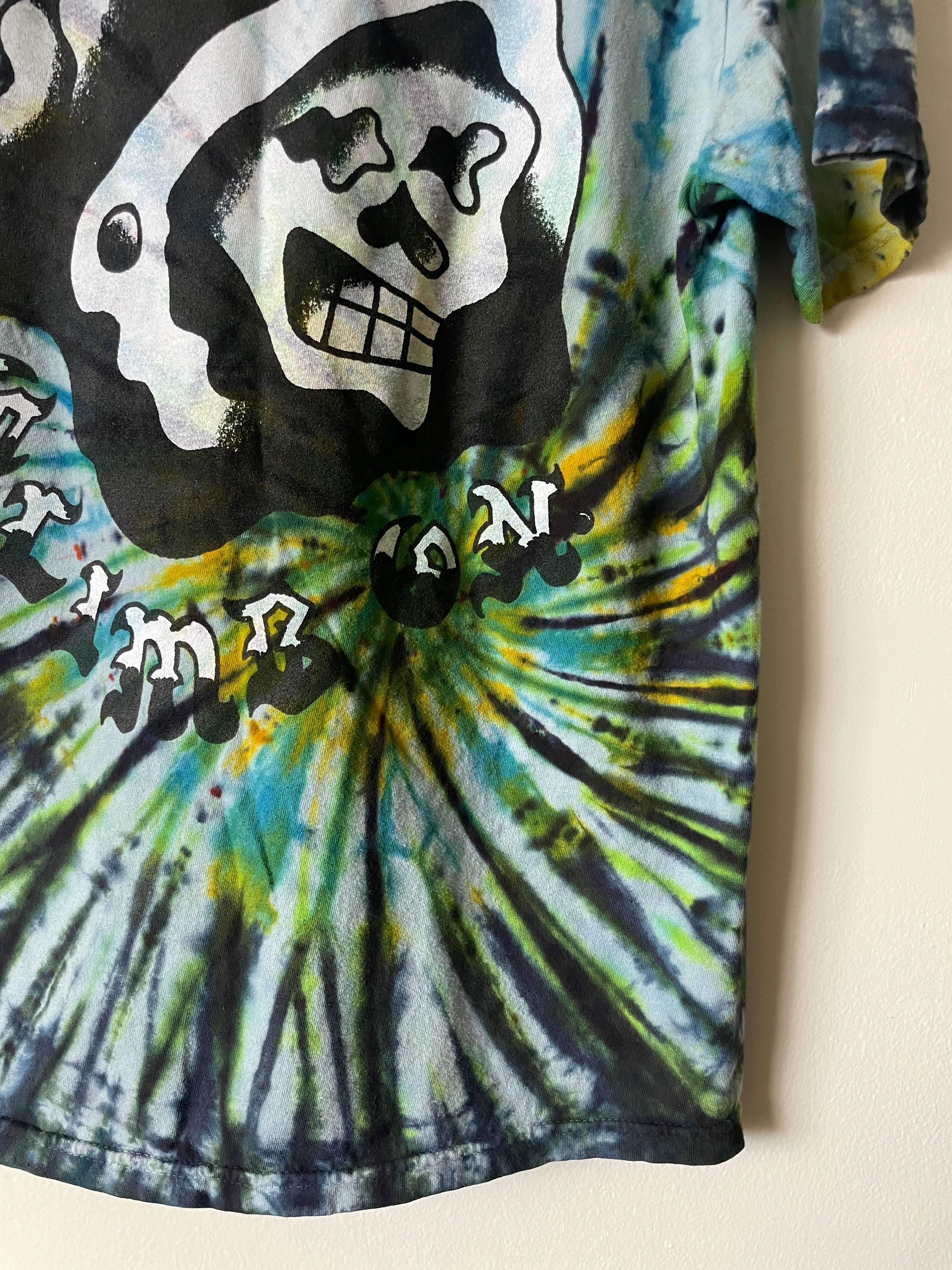 Medium Men's Climb On Grim Reaper Handmade Tie Dye T-Shirt | One-Of-a-Kind Upcycled Blue and Green Spiral Short Sleeve Shirt