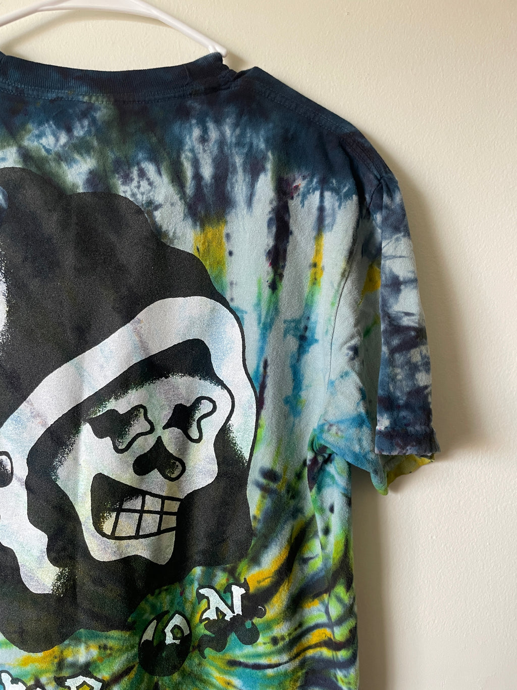 Medium Men's Climb On Grim Reaper Handmade Tie Dye T-Shirt | One-Of-a-Kind Upcycled Blue and Green Spiral Short Sleeve Shirt