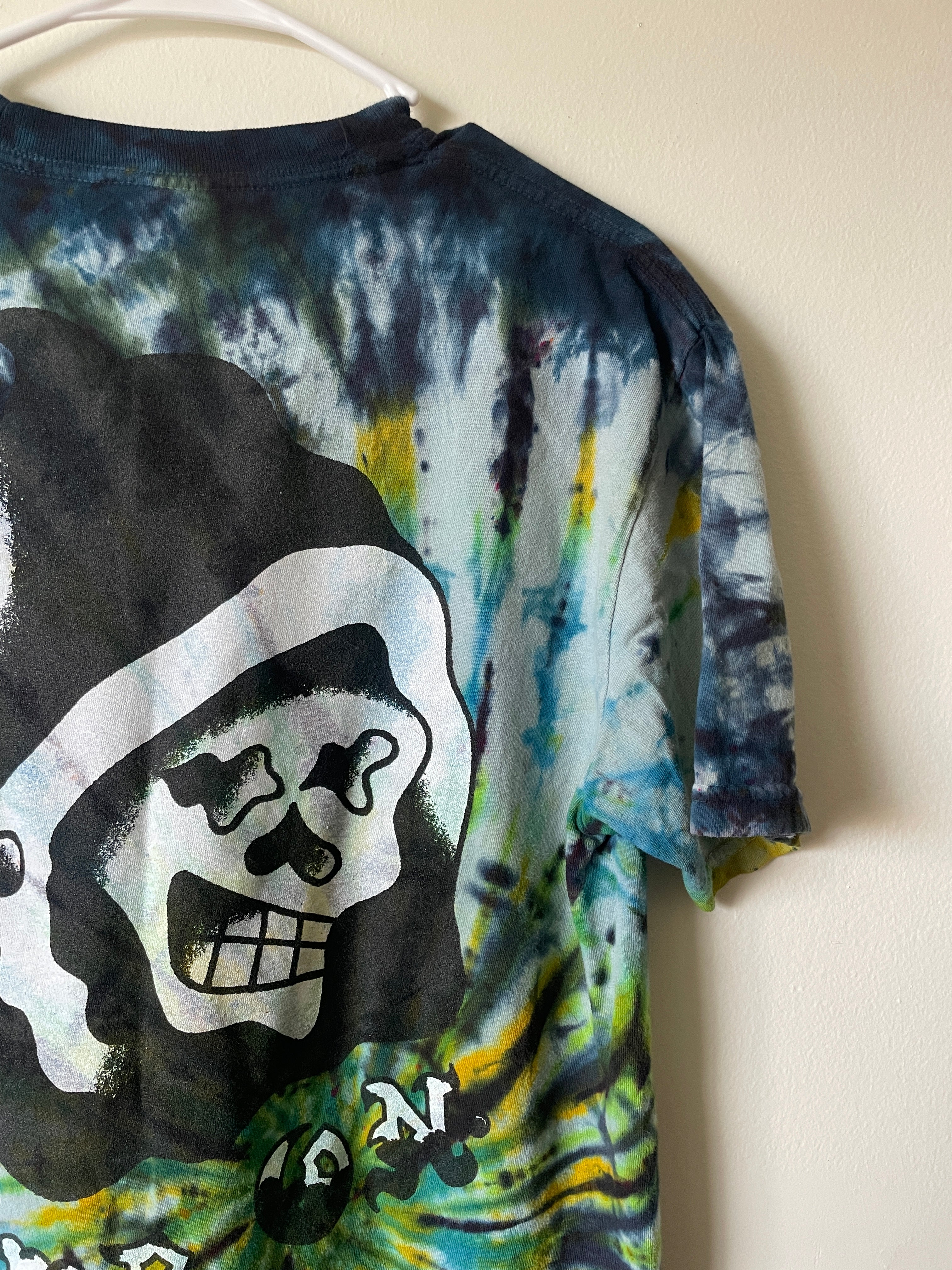 Medium Men's Climb On Grim Reaper Handmade Tie Dye T-Shirt | One-Of-a-Kind Upcycled Blue and Green Spiral Short Sleeve Shirt