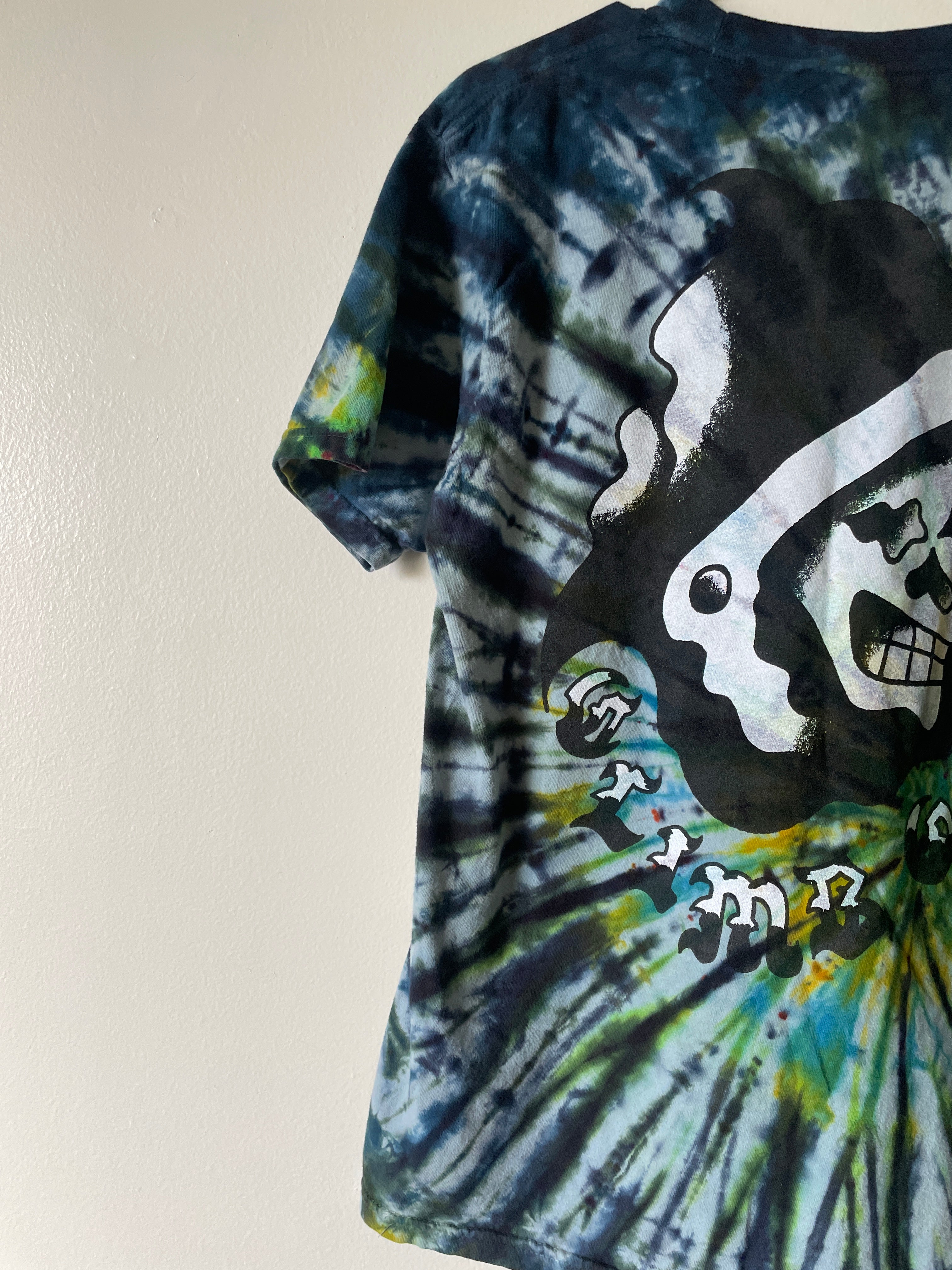 Medium Men's Climb On Grim Reaper Handmade Tie Dye T-Shirt | One-Of-a-Kind Upcycled Blue and Green Spiral Short Sleeve Shirt