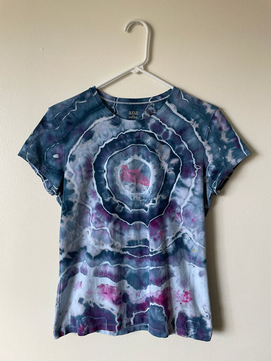 Medium Women's Climbing Shoe Handmade Tie Dye T-Shirt | One-Of-a-Kind Upcycled Blue and Purple Geode Short Sleeve Shirt