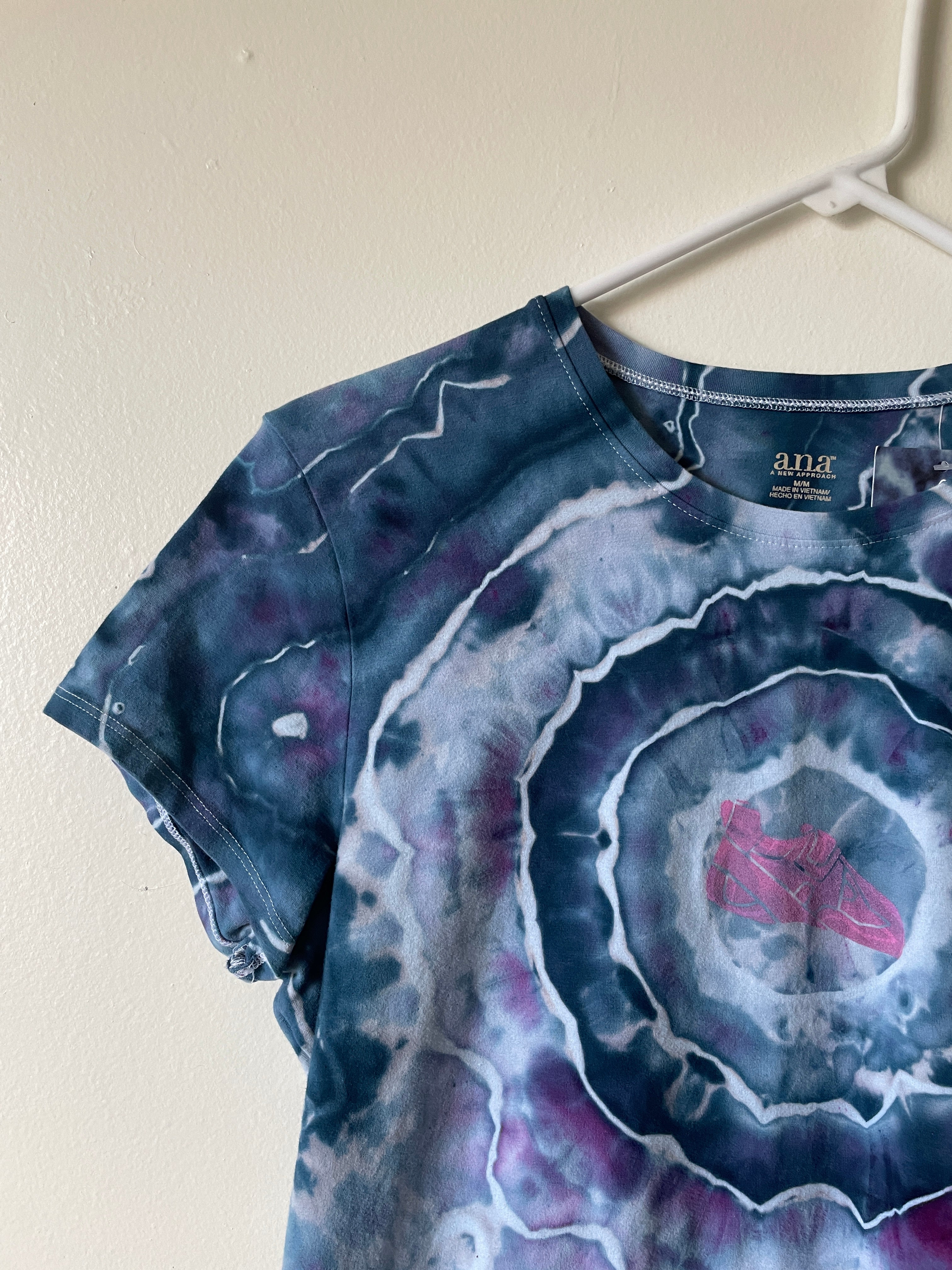 Medium Women's Climbing Shoe Handmade Tie Dye T-Shirt | One-Of-a-Kind Upcycled Blue and Purple Geode Short Sleeve Shirt