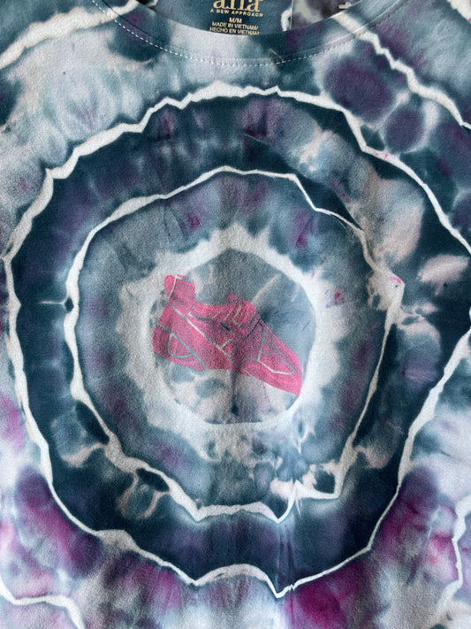 Medium Women's Climbing Shoe Handmade Tie Dye T-Shirt | One-Of-a-Kind Upcycled Blue and Purple Geode Short Sleeve Shirt