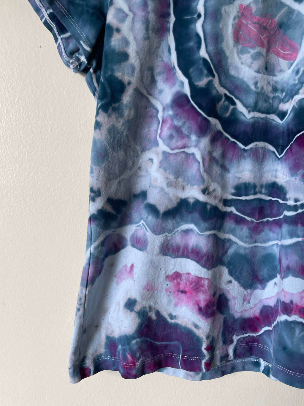 Medium Women's Climbing Shoe Handmade Tie Dye T-Shirt | One-Of-a-Kind Upcycled Blue and Purple Geode Short Sleeve Shirt