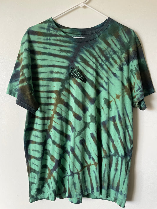 XL Men's Climbing Shoe Handmade Tie Dye T-Shirt | One-Of-a-Kind Upcycled Green and Brown Spiderweb Short Sleeve Shirt