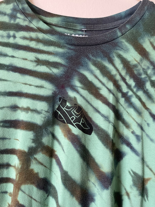 XL Men's Climbing Shoe Handmade Tie Dye T-Shirt | One-Of-a-Kind Upcycled Green and Brown Spiderweb Short Sleeve Shirt