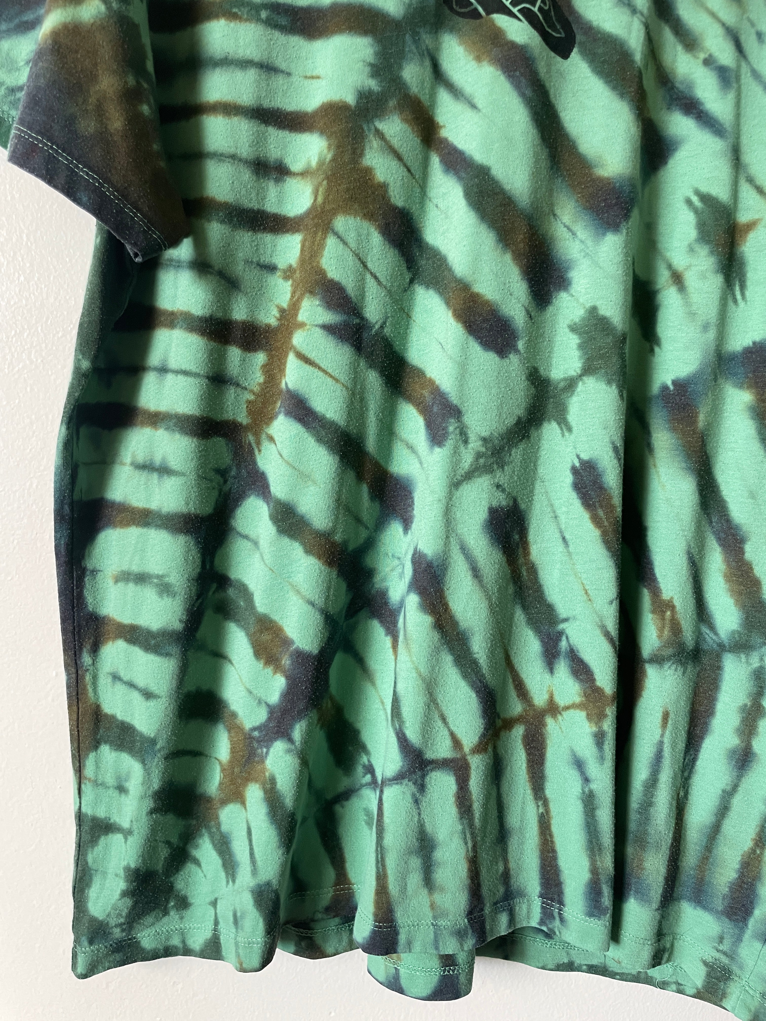 XL Men's Climbing Shoe Handmade Tie Dye T-Shirt | One-Of-a-Kind Upcycled Green and Brown Spiderweb Short Sleeve Shirt