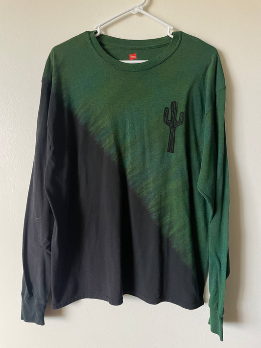 Large Men's Saguaro Cactus Handmade Reverse Tie Dye T-Shirt | One-Of-a-Kind Upcycled Black and Green Short Sleeve Shirt