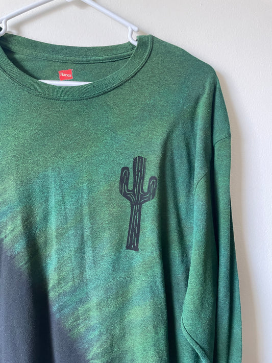 Large Men's Saguaro Cactus Handmade Reverse Tie Dye T-Shirt | One-Of-a-Kind Upcycled Black and Green Short Sleeve Shirt