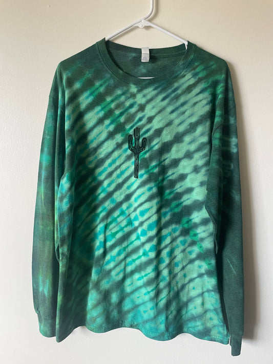 Large Men's Saguaro Cactus Handmade Reverse Tie Dye T-Shirt | One-Of-a-Kind Upcycled Green and Black Long Sleeve Shirt