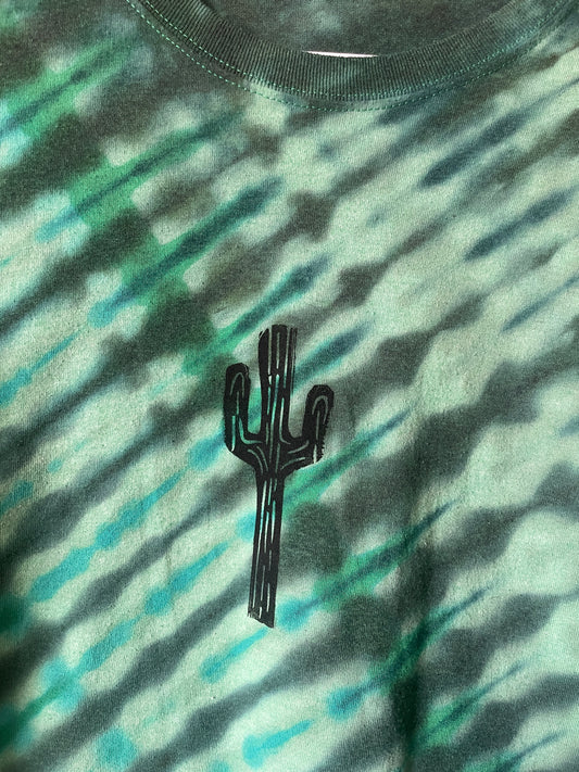 Large Men's Saguaro Cactus Handmade Reverse Tie Dye T-Shirt | One-Of-a-Kind Upcycled Green and Black Long Sleeve Shirt