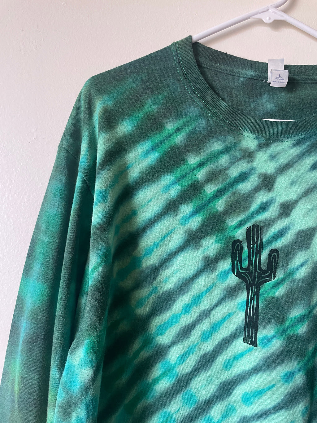 Large Men's Saguaro Cactus Handmade Reverse Tie Dye T-Shirt | One-Of-a-Kind Upcycled Green and Black Long Sleeve Shirt