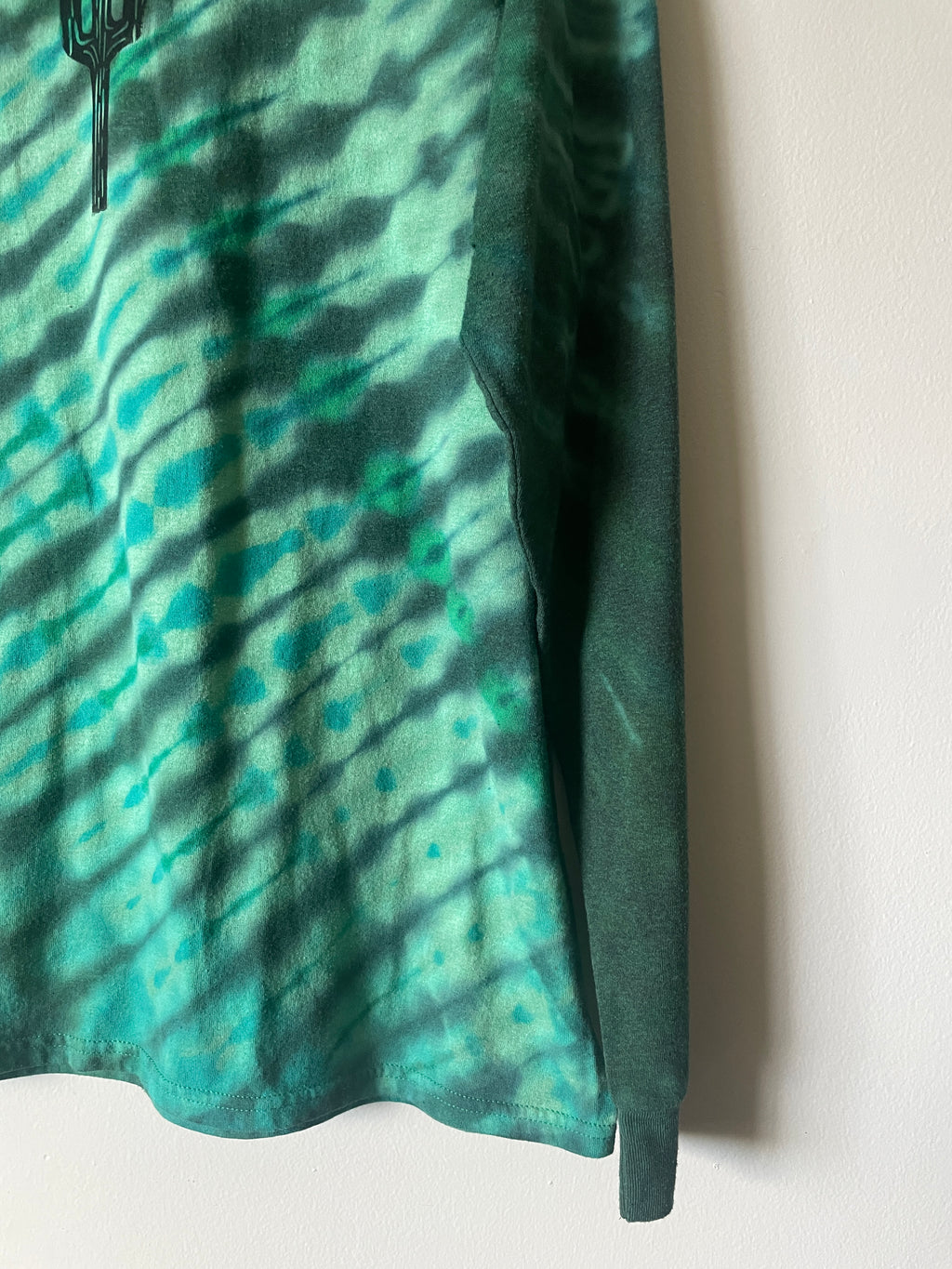 Large Men's Saguaro Cactus Handmade Reverse Tie Dye T-Shirt | One-Of-a-Kind Upcycled Green and Black Long Sleeve Shirt