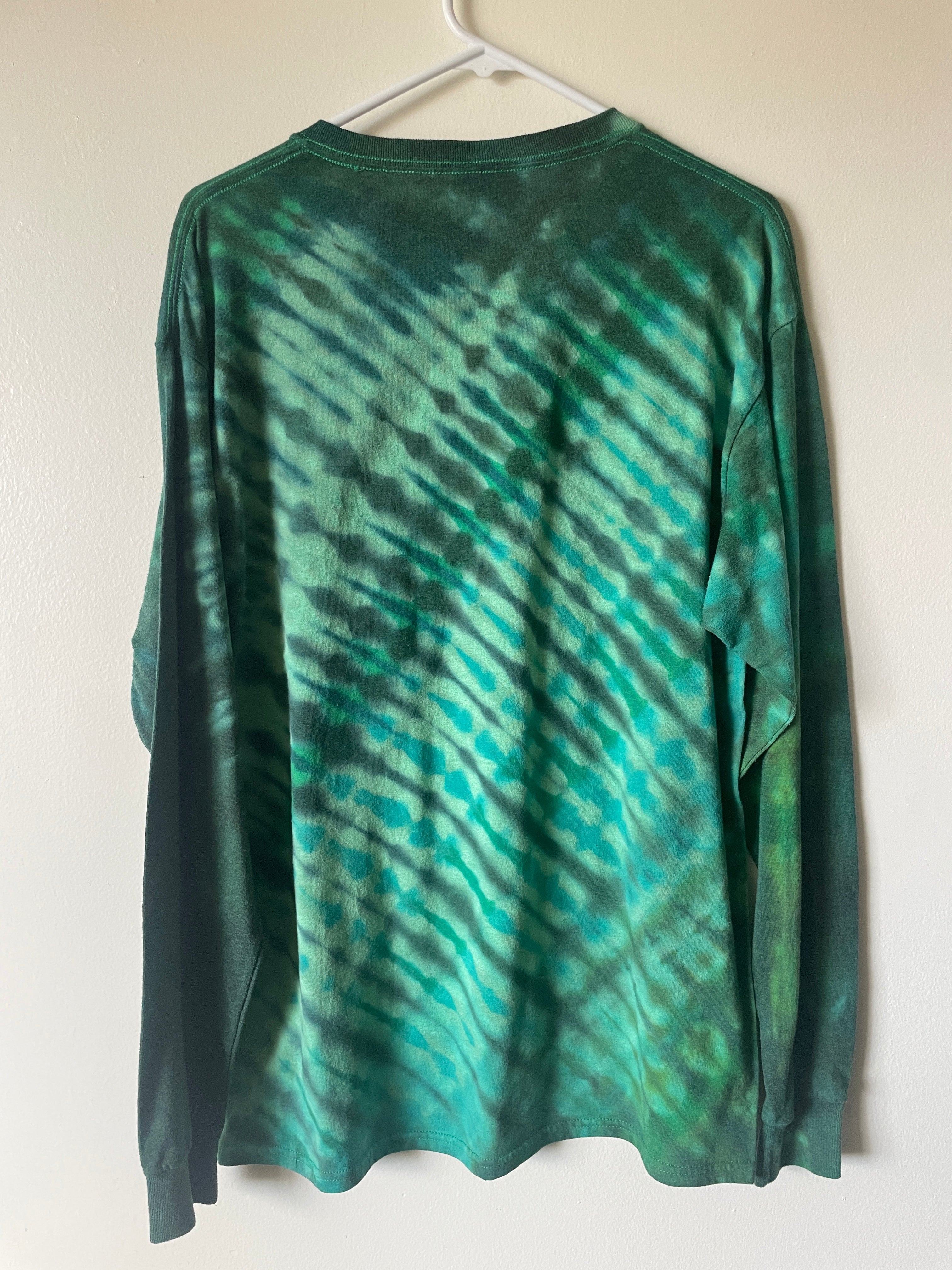 Large Men's Saguaro Cactus Handmade Reverse Tie Dye T-Shirt | One-Of-a-Kind Upcycled Green and Black Long Sleeve Shirt