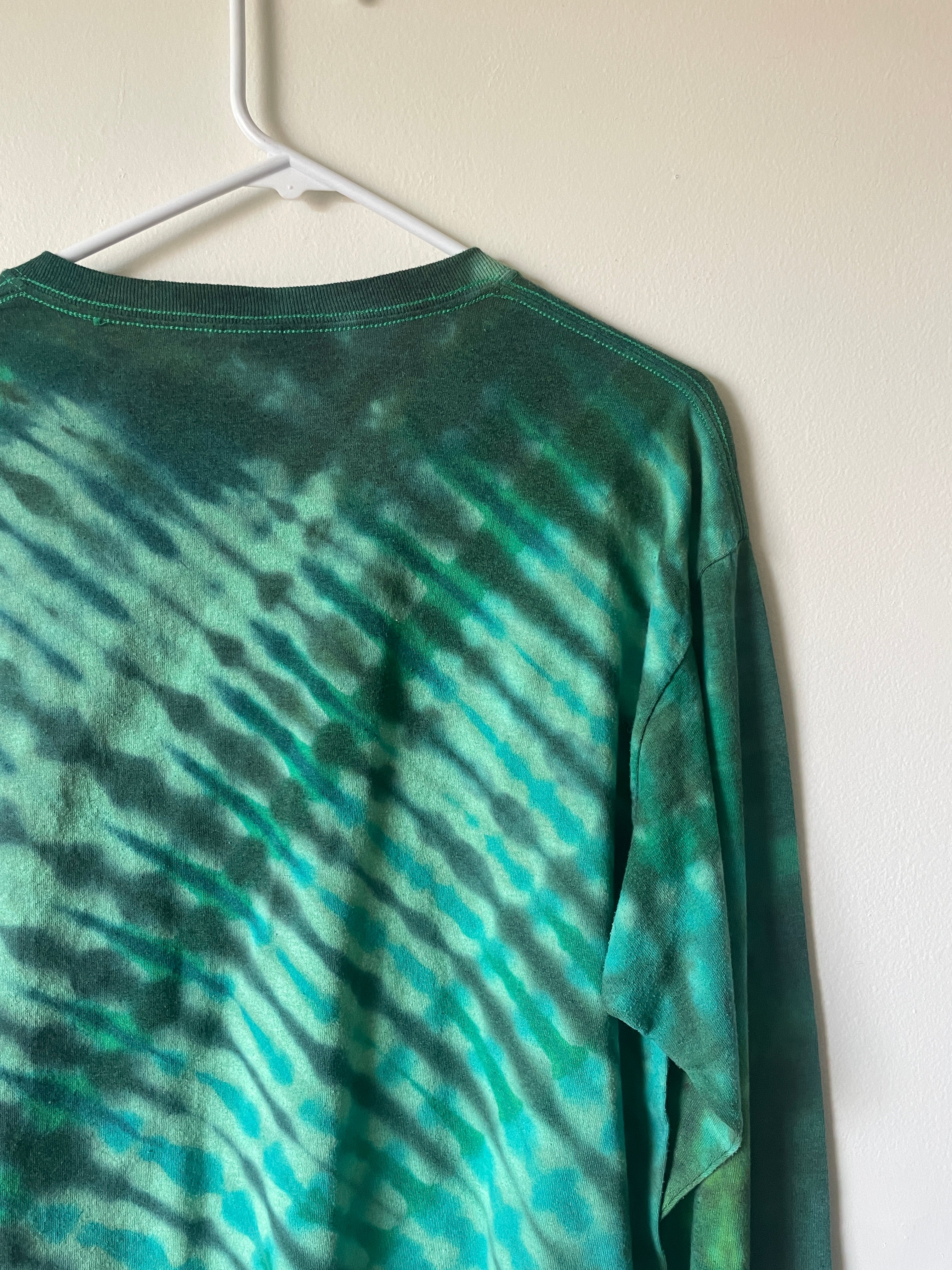 Large Men's Saguaro Cactus Handmade Reverse Tie Dye T-Shirt | One-Of-a-Kind Upcycled Green and Black Long Sleeve Shirt