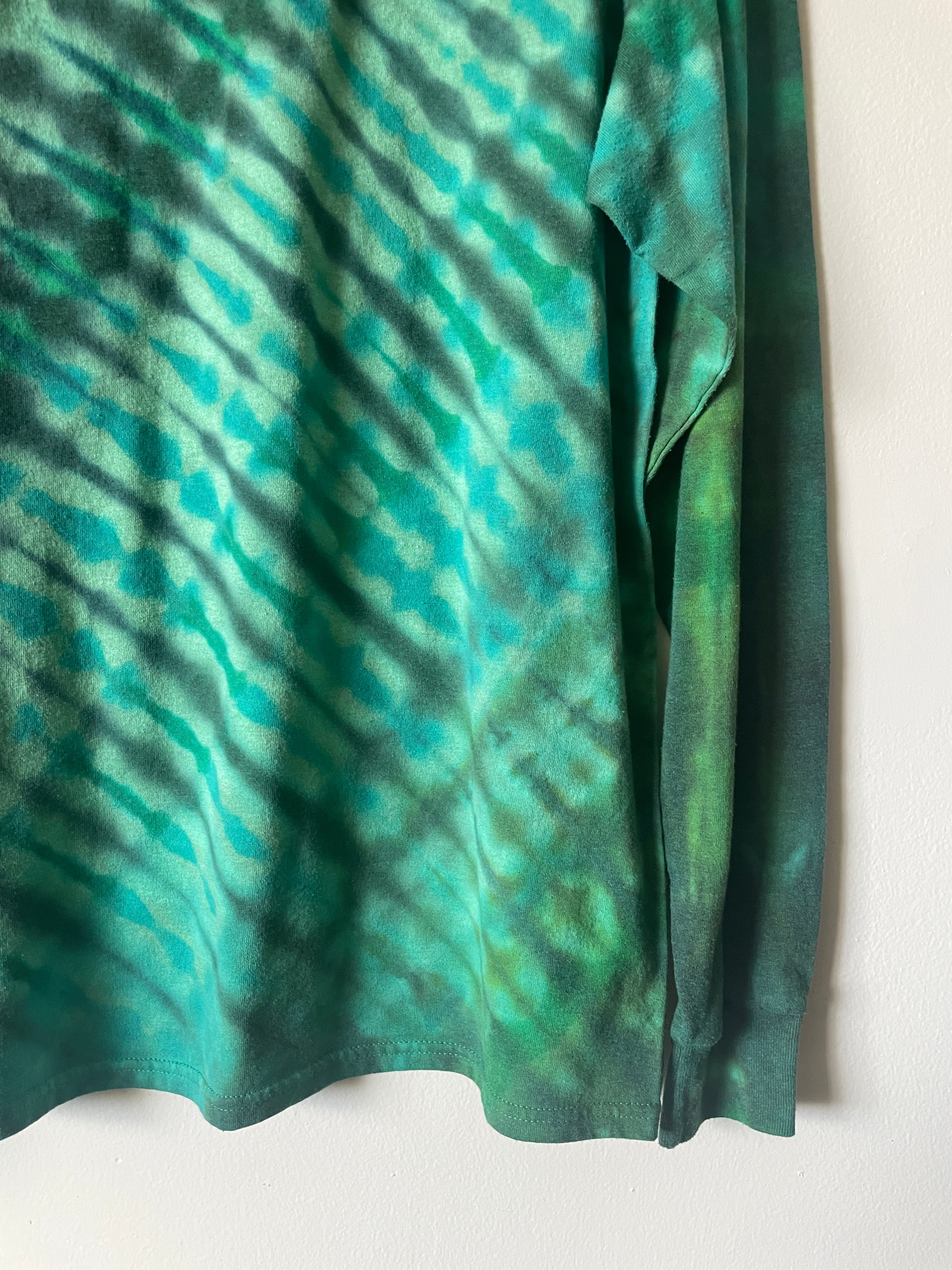 Large Men's Saguaro Cactus Handmade Reverse Tie Dye T-Shirt | One-Of-a-Kind Upcycled Green and Black Long Sleeve Shirt