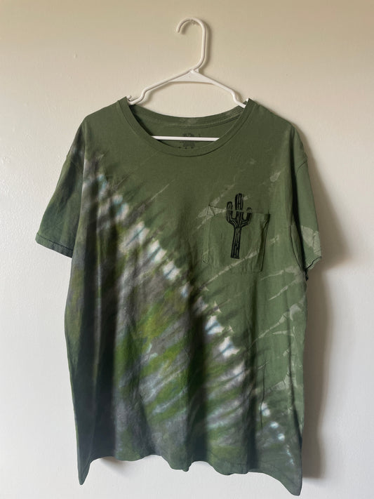 Large Men's Saguaro Cactus Handmade Reverse Tie Dye T-Shirt | One-Of-a-Kind Upcycled Green and Black Short Sleeve Shirt