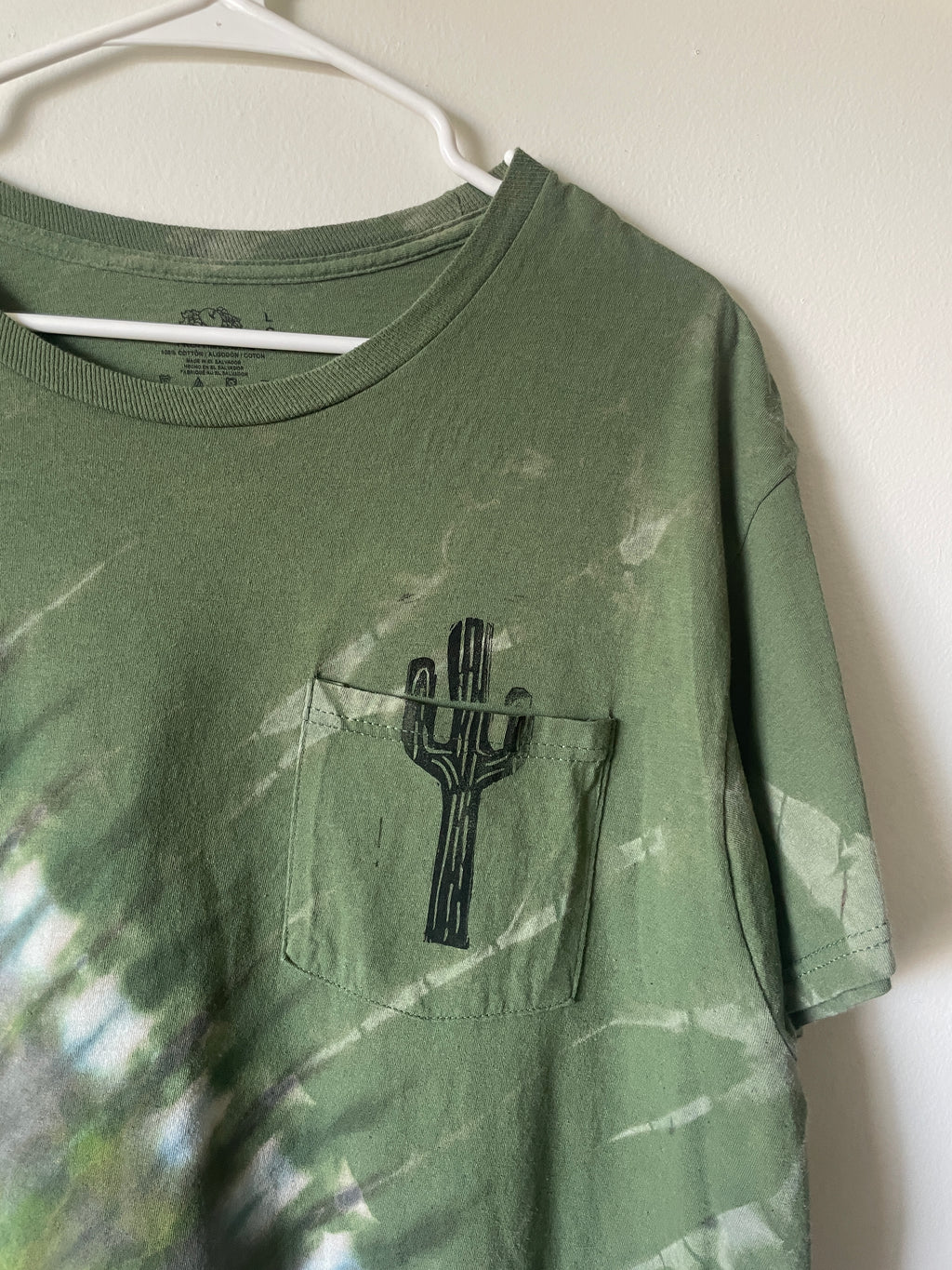 Large Men's Saguaro Cactus Handmade Reverse Tie Dye T-Shirt | One-Of-a-Kind Upcycled Green and Black Short Sleeve Shirt