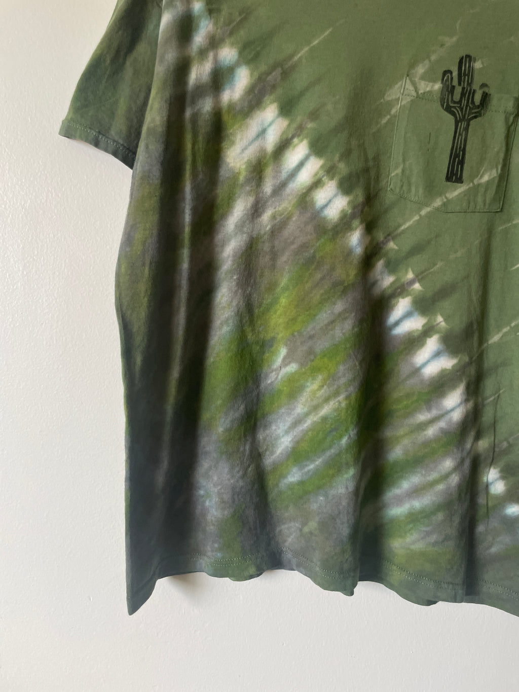 Large Men's Saguaro Cactus Handmade Reverse Tie Dye T-Shirt | One-Of-a-Kind Upcycled Green and Black Short Sleeve Shirt