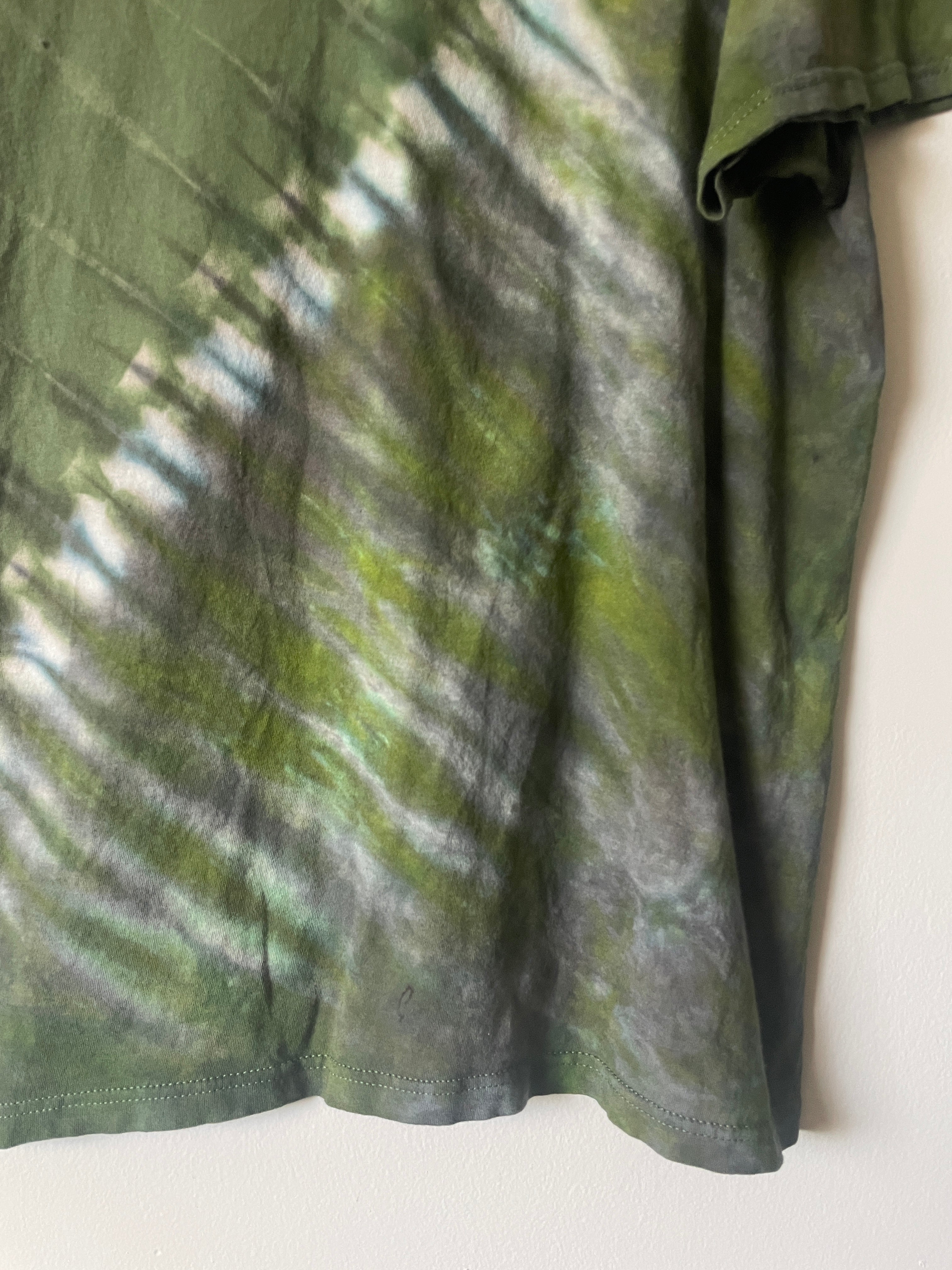 Large Men's Saguaro Cactus Handmade Reverse Tie Dye T-Shirt | One-Of-a-Kind Upcycled Green and Black Short Sleeve Shirt