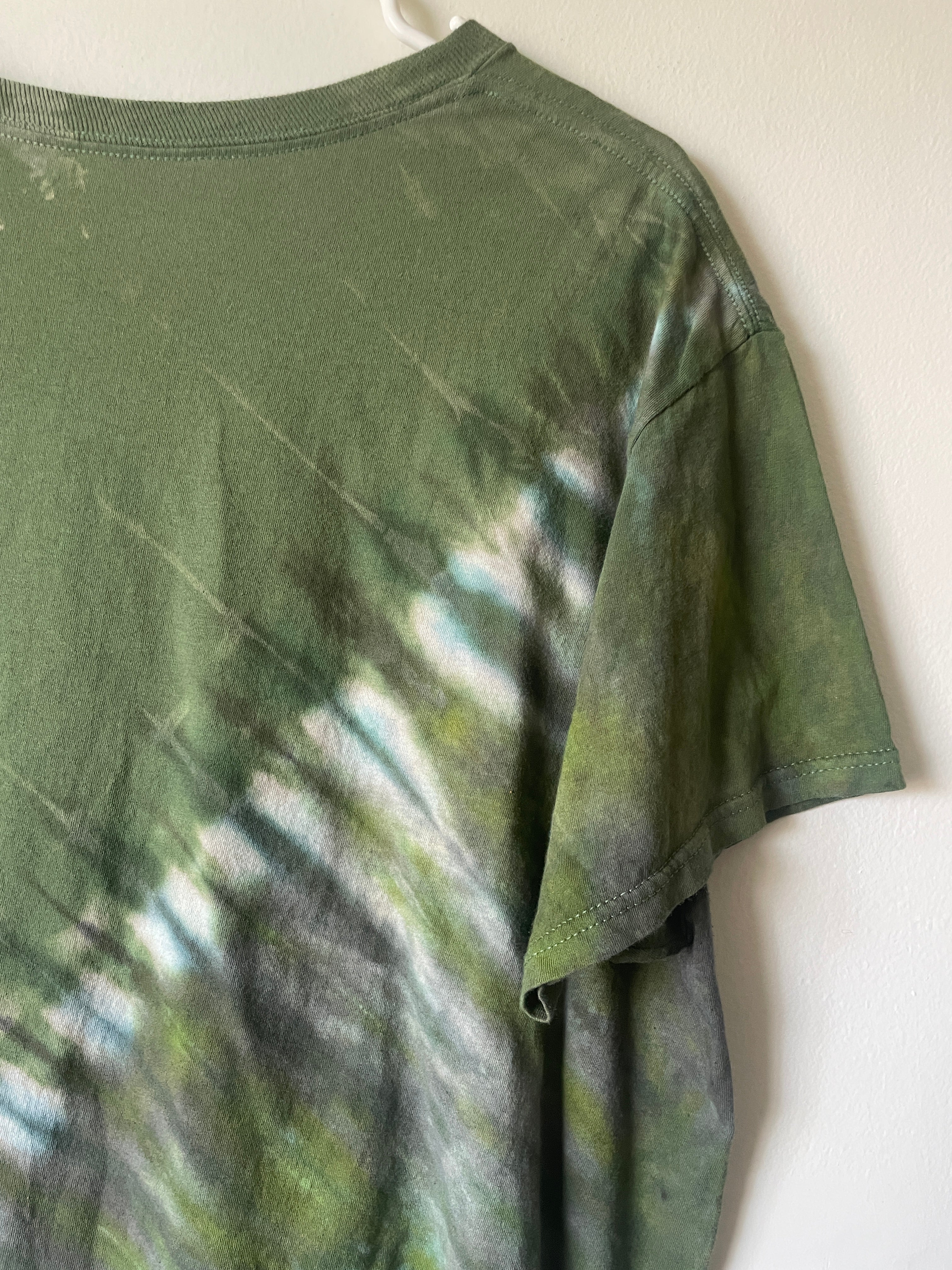 Large Men's Saguaro Cactus Handmade Reverse Tie Dye T-Shirt | One-Of-a-Kind Upcycled Green and Black Short Sleeve Shirt