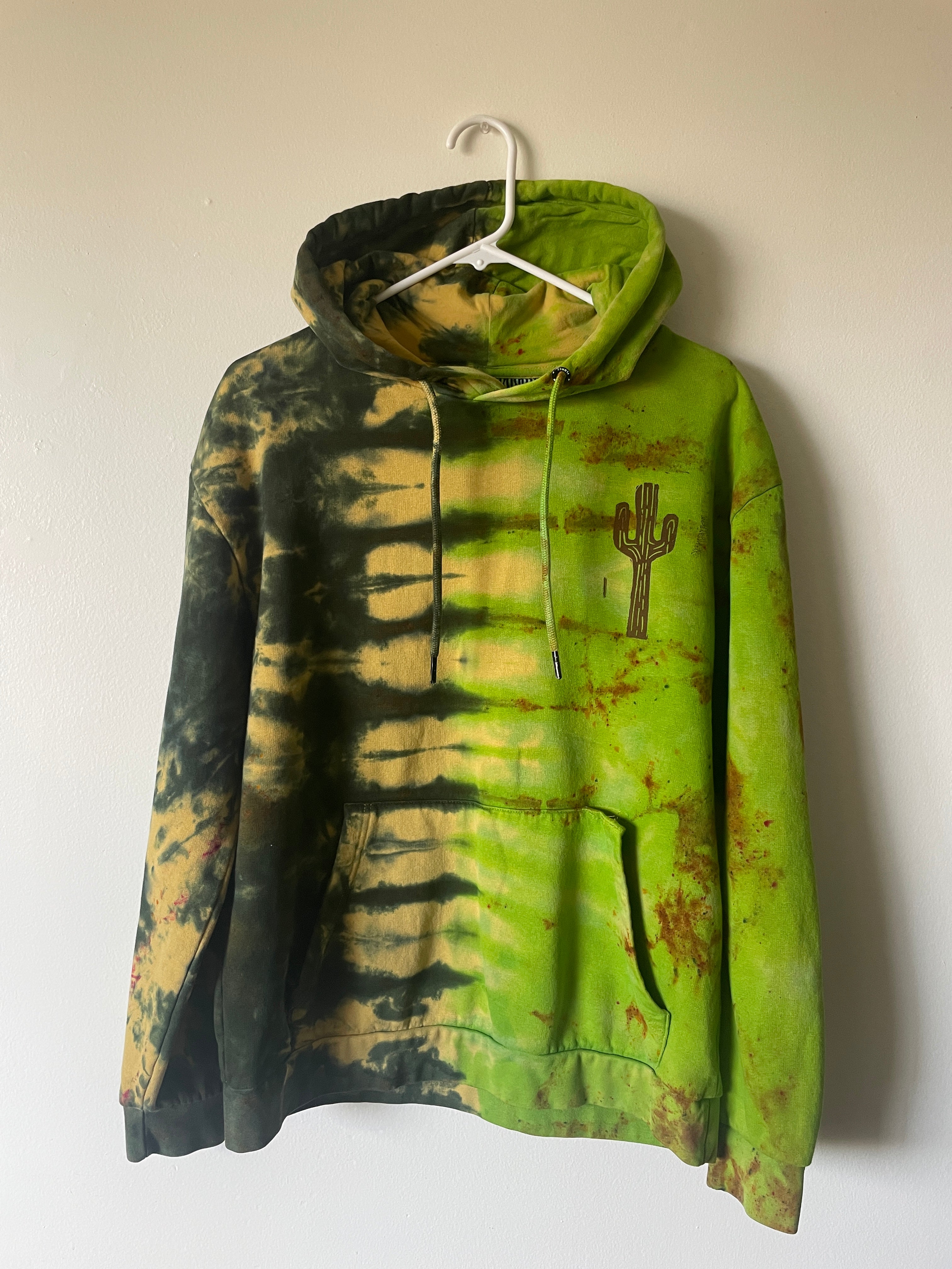 Large Men's Saguaro Cactus Handmade Tie Dye Hoodie | One-Of-a-Kind Upcycled Yellow and Green Long Sleeve Sweatshirt