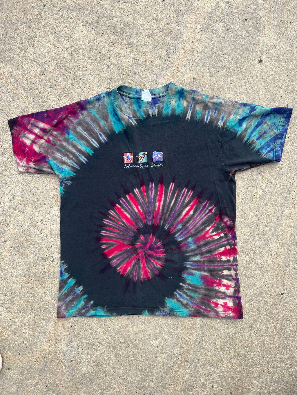 NASA Johnson Space. Center Black, Red, and Blue Short Sleeve Tie Dye T-Shirt | Men's Large