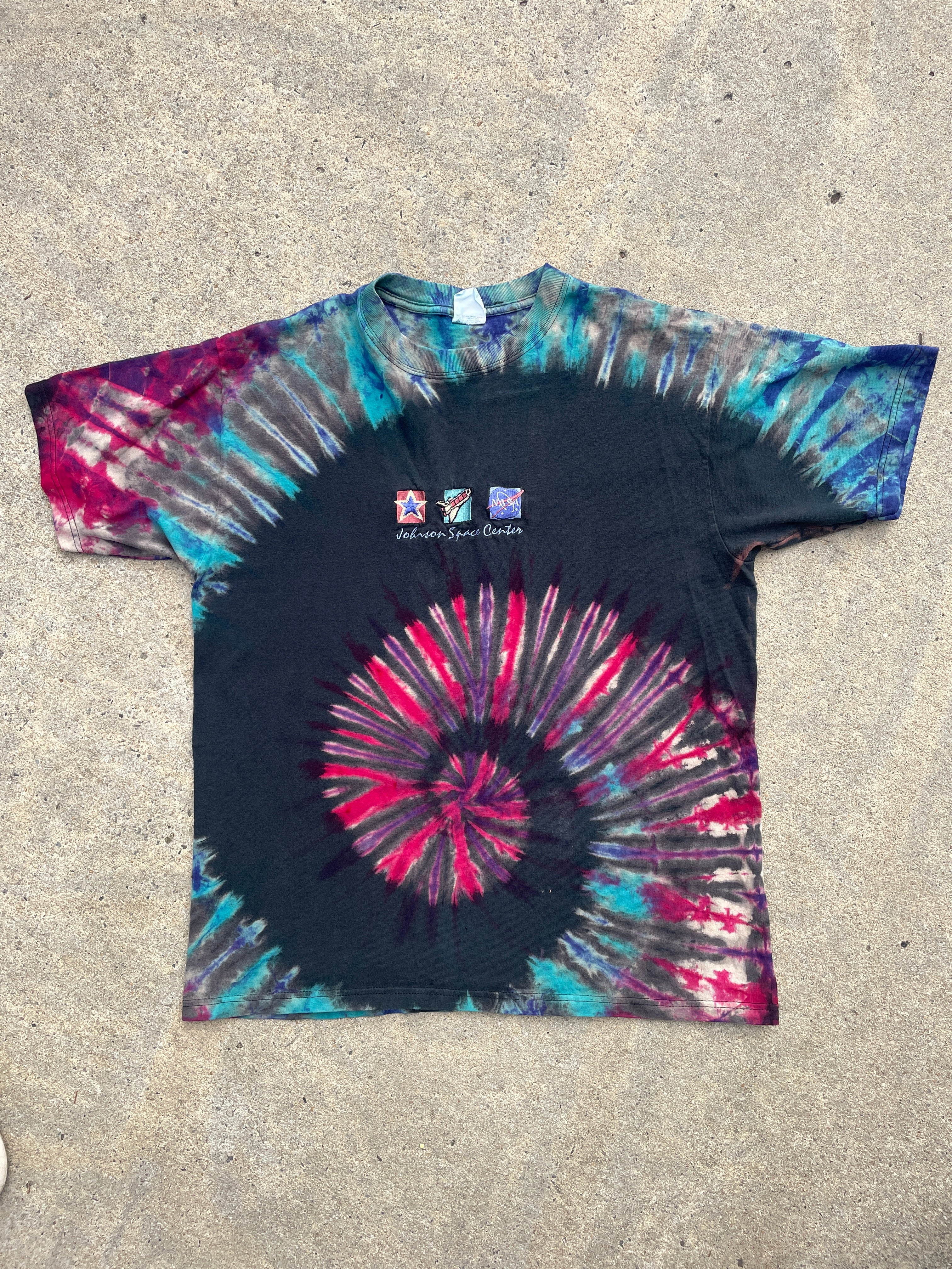 NASA Johnson Space. Center Black, Red, and Blue Short Sleeve Tie Dye T-Shirt | Men's Large