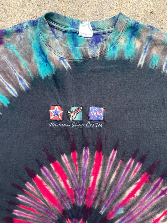 NASA Johnson Space. Center Black, Red, and Blue Short Sleeve Tie Dye T-Shirt | Men's Large