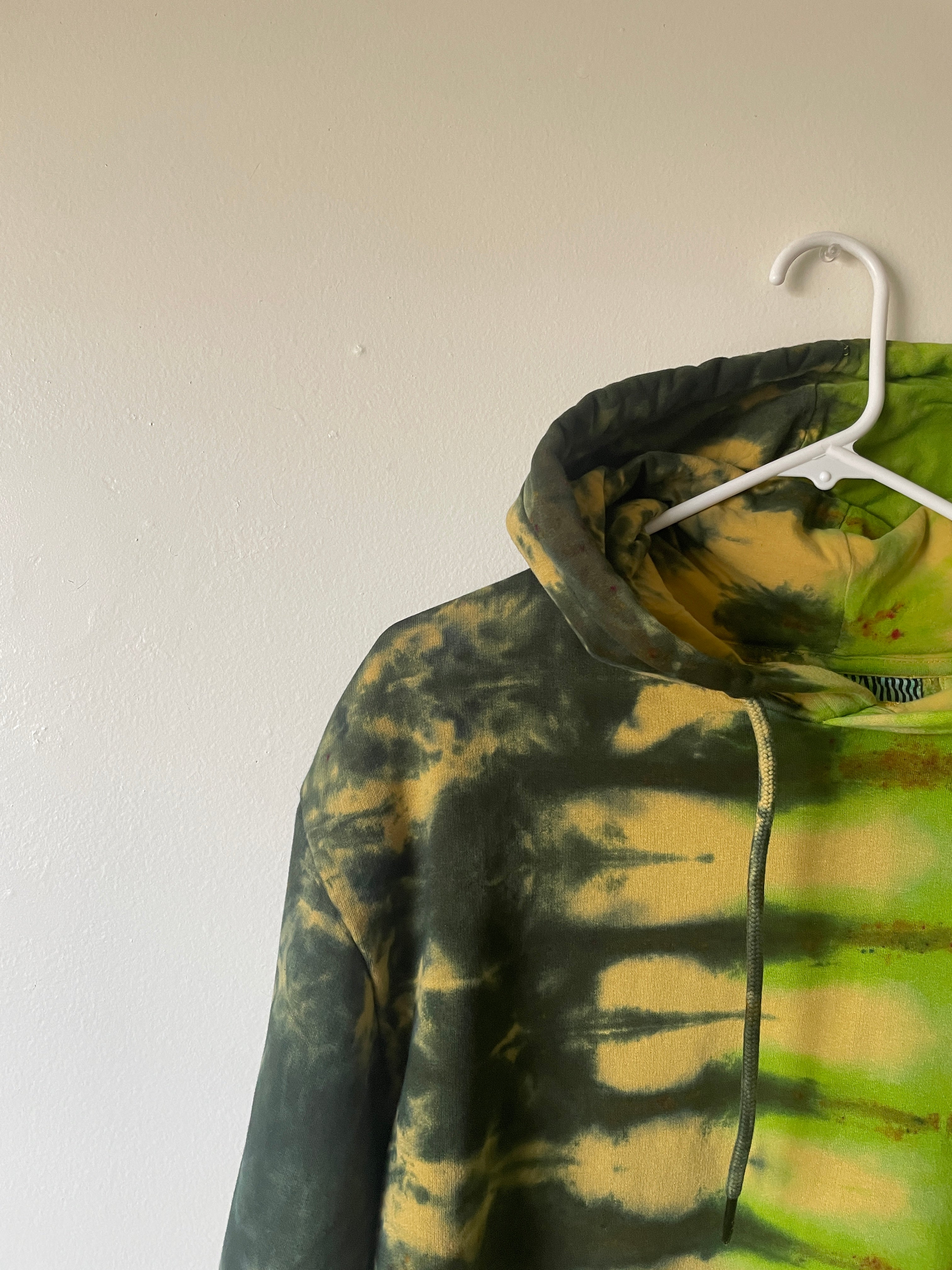 Large Men's Saguaro Cactus Handmade Tie Dye Hoodie | One-Of-a-Kind Upcycled Yellow and Green Long Sleeve Sweatshirt