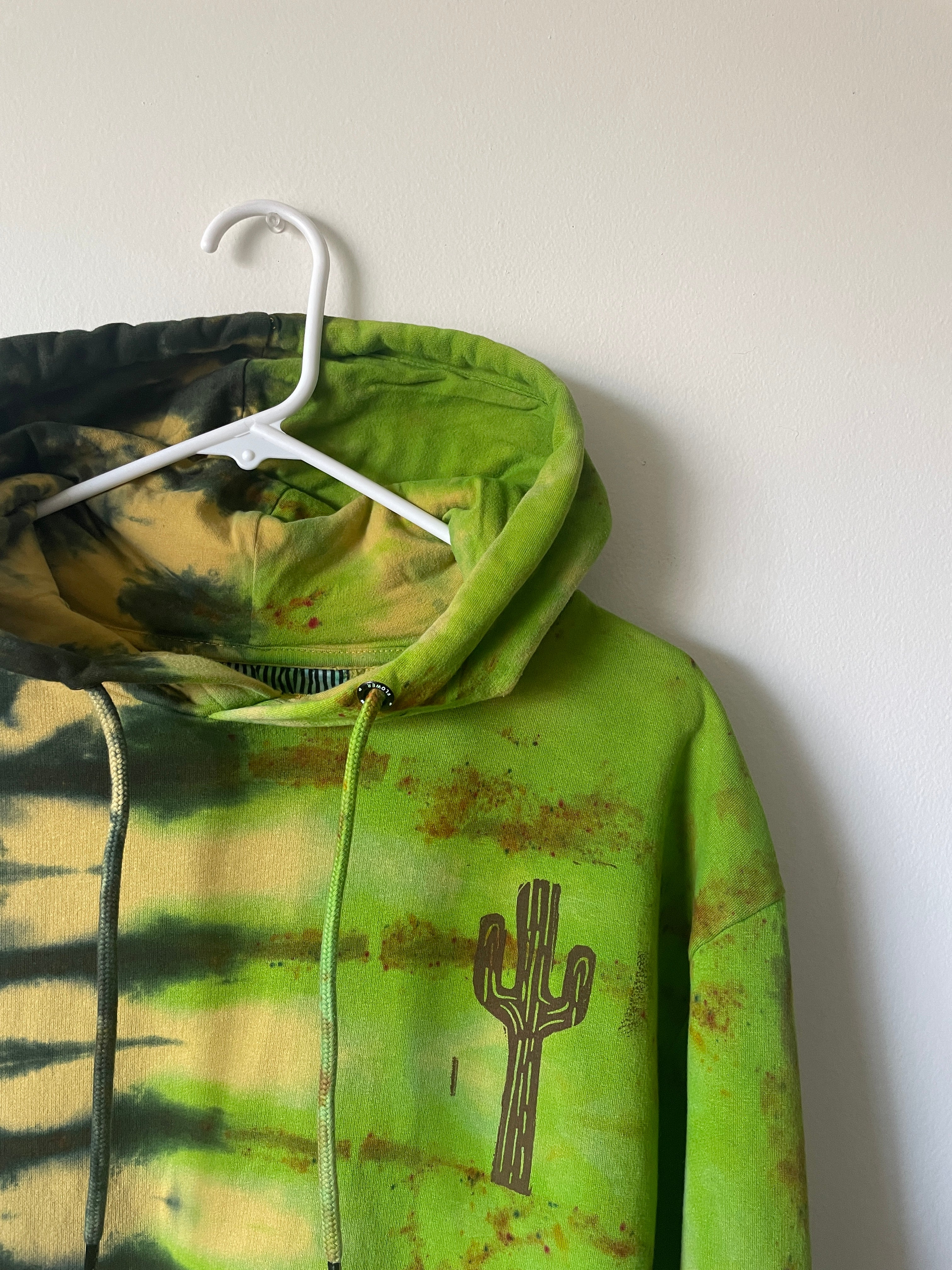 Large Men's Saguaro Cactus Handmade Tie Dye Hoodie | One-Of-a-Kind Upcycled Yellow and Green Long Sleeve Sweatshirt