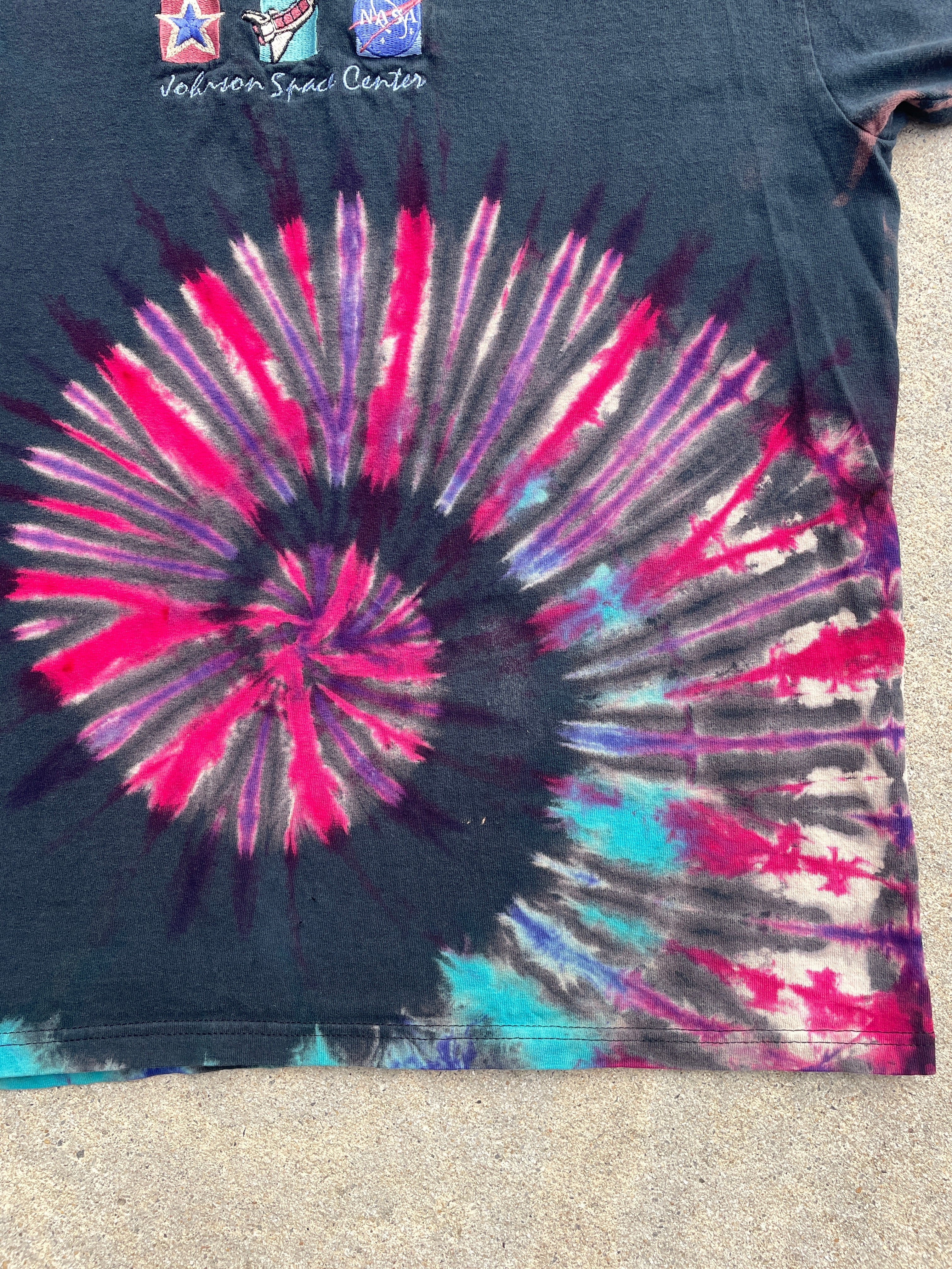 NASA Johnson Space. Center Black, Red, and Blue Short Sleeve Tie Dye T-Shirt | Men's Large