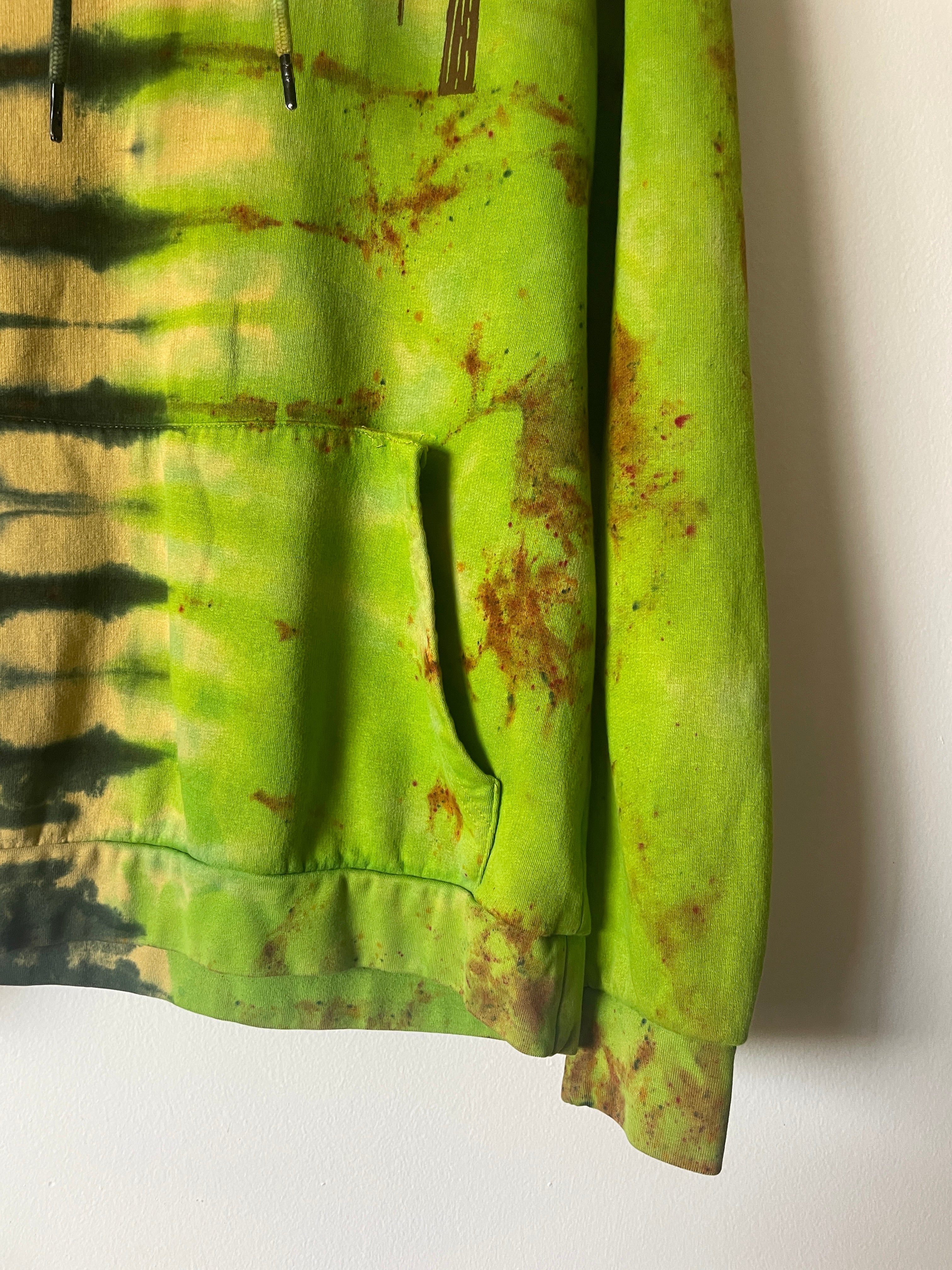Large Men's Saguaro Cactus Handmade Tie Dye Hoodie | One-Of-a-Kind Upcycled Yellow and Green Long Sleeve Sweatshirt