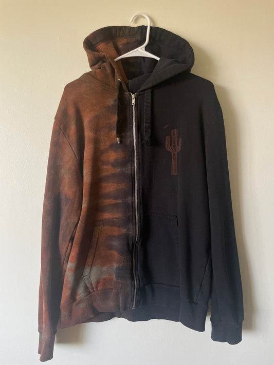 XL Men's Saguaro Cactus Handmade Reverse Tie Dye Full-Zip Hoodie | One-Of-a-Kind Upcycled Black and Brown Long Sleeve Sweatshirt