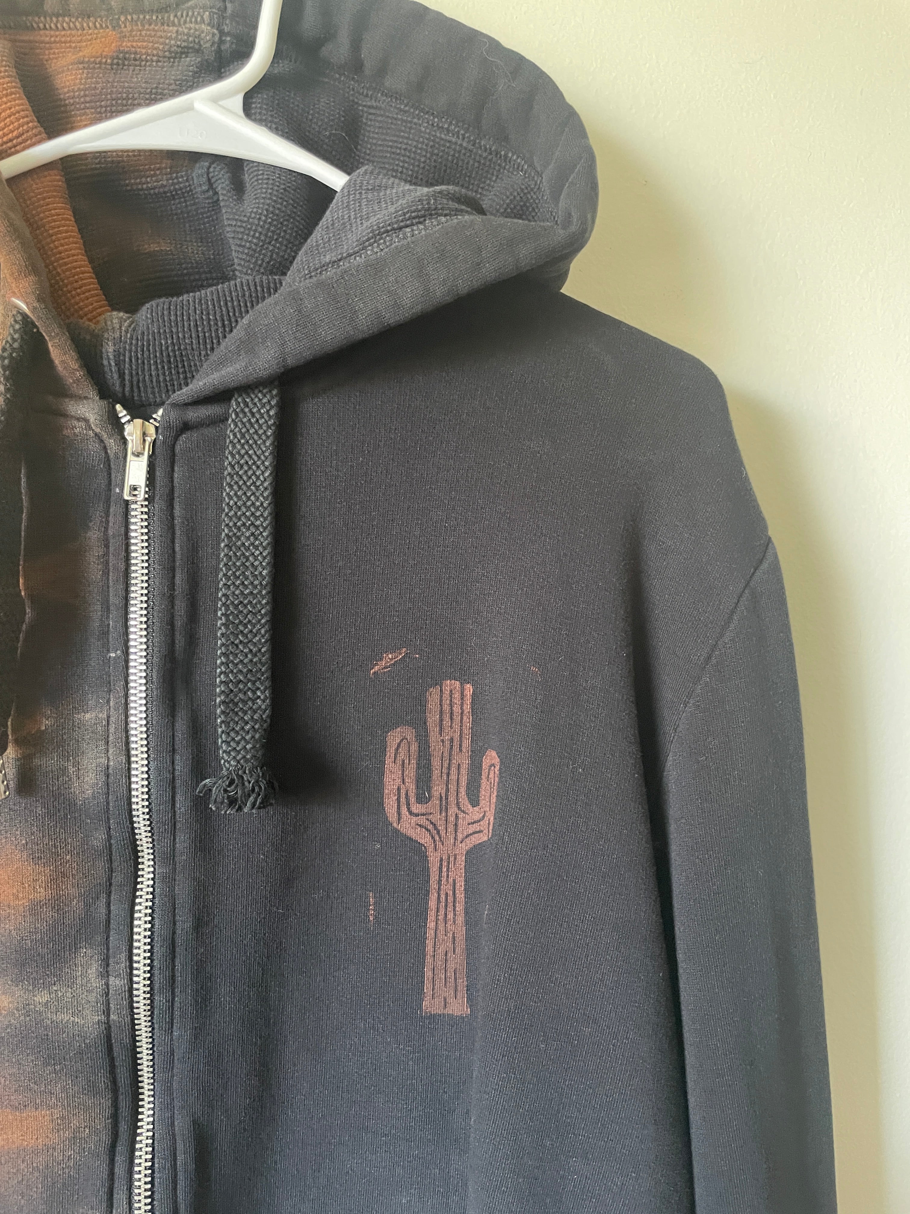 XL Men's Saguaro Cactus Handmade Reverse Tie Dye Full-Zip Hoodie | One-Of-a-Kind Upcycled Black and Brown Long Sleeve Sweatshirt