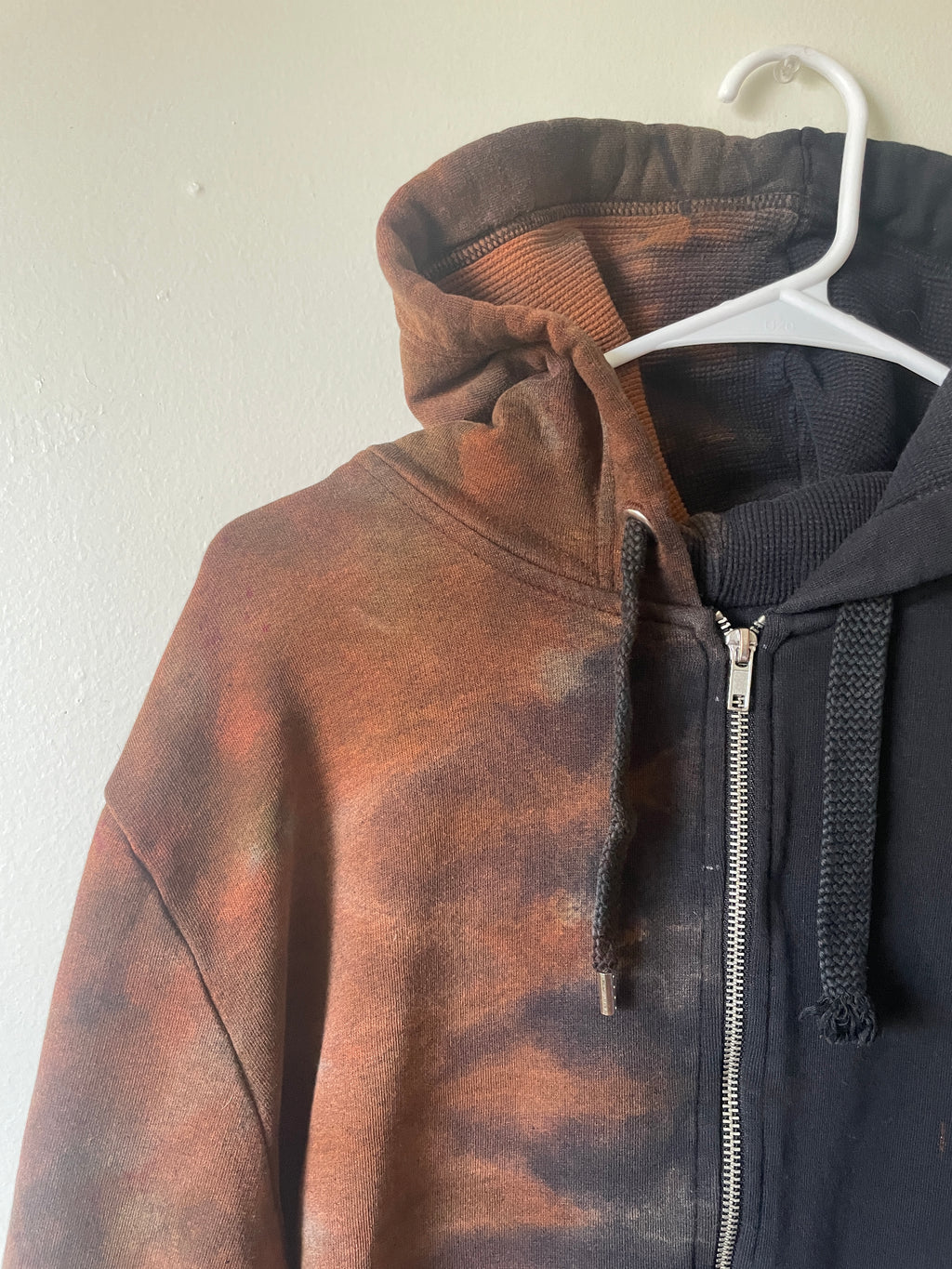 XL Men's Saguaro Cactus Handmade Reverse Tie Dye Full-Zip Hoodie | One-Of-a-Kind Upcycled Black and Brown Long Sleeve Sweatshirt