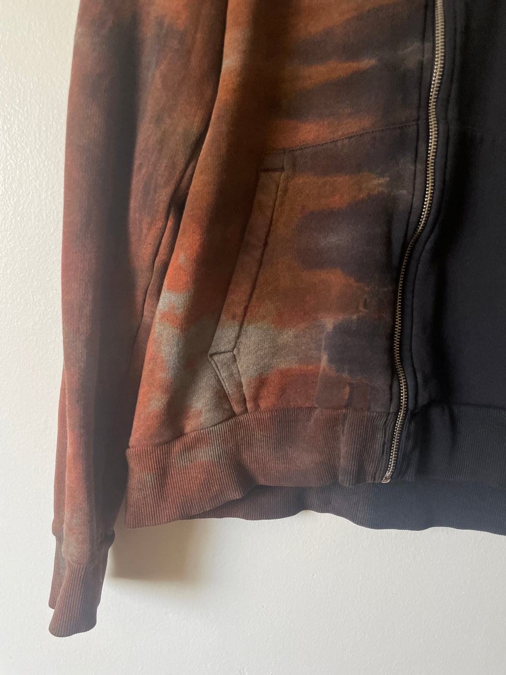 XL Men's Saguaro Cactus Handmade Reverse Tie Dye Full-Zip Hoodie | One-Of-a-Kind Upcycled Black and Brown Long Sleeve Sweatshirt