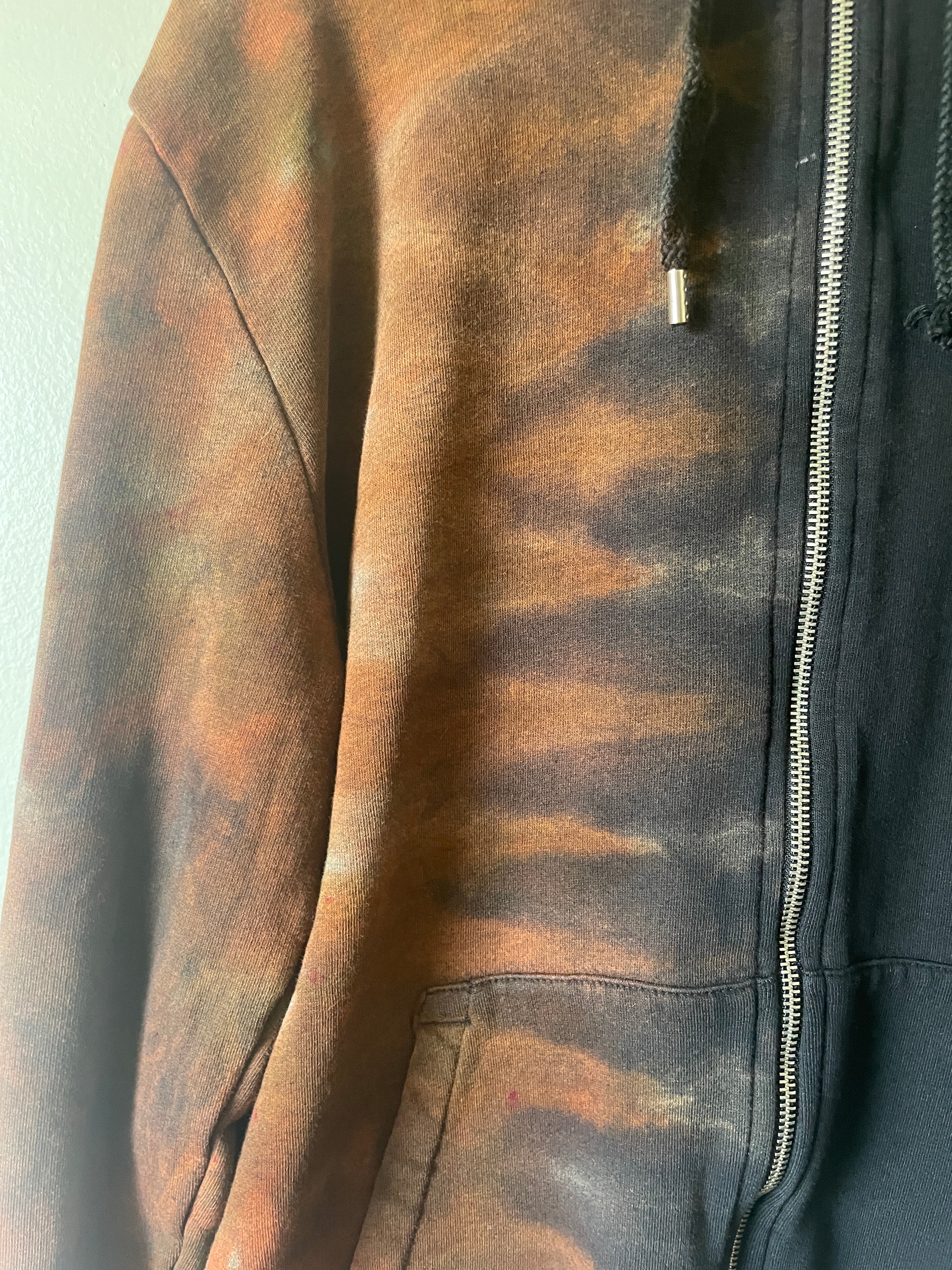 XL Men's Saguaro Cactus Handmade Reverse Tie Dye Full-Zip Hoodie | One-Of-a-Kind Upcycled Black and Brown Long Sleeve Sweatshirt