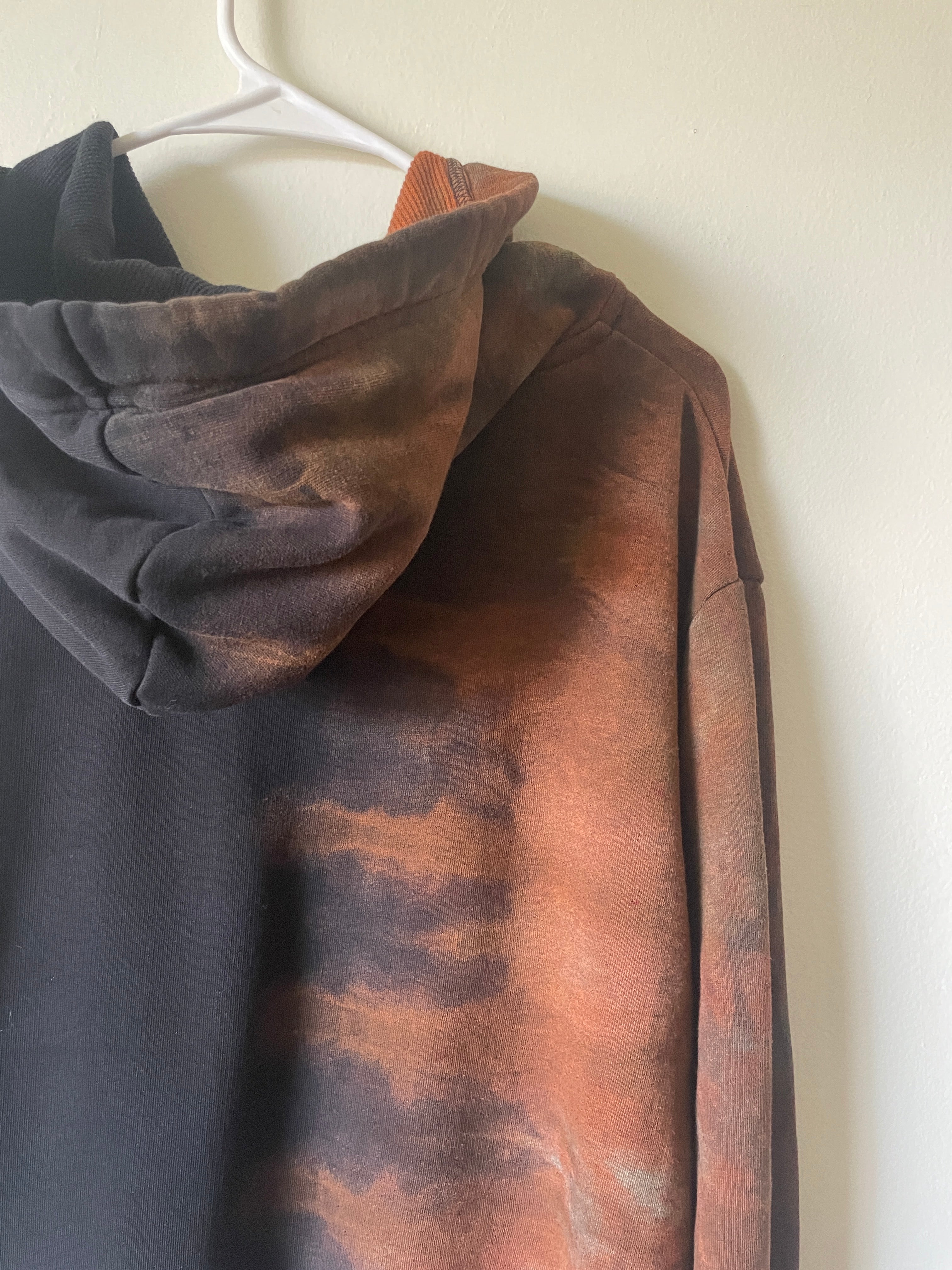 XL Men's Saguaro Cactus Handmade Reverse Tie Dye Full-Zip Hoodie | One-Of-a-Kind Upcycled Black and Brown Long Sleeve Sweatshirt