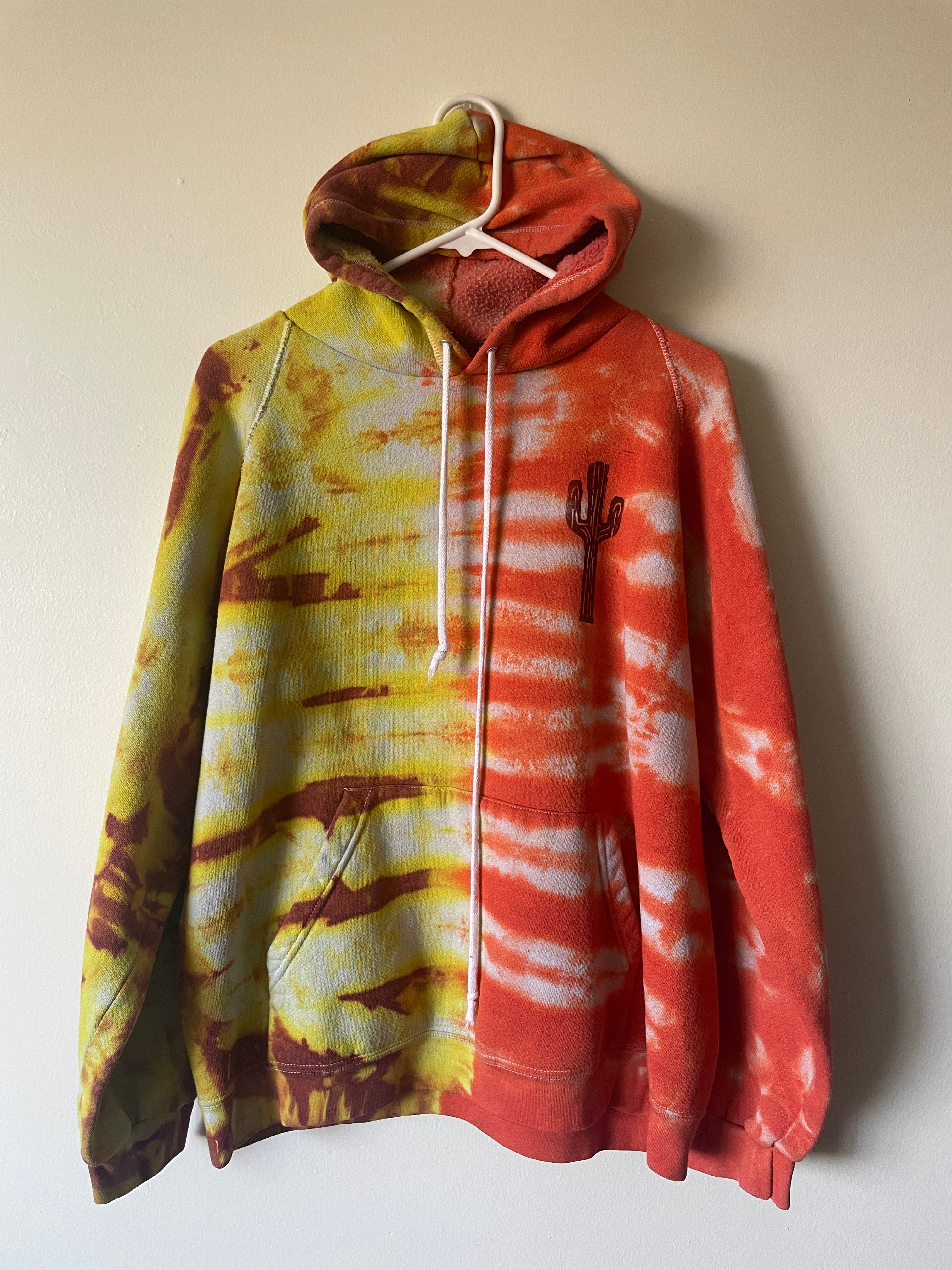 L/XL Men's Saguaro Cactus Handmade Tie Dye Hoodie | One-Of-a-Kind Upcycled Yellow and Orange Long Sleeve Sweatshirt