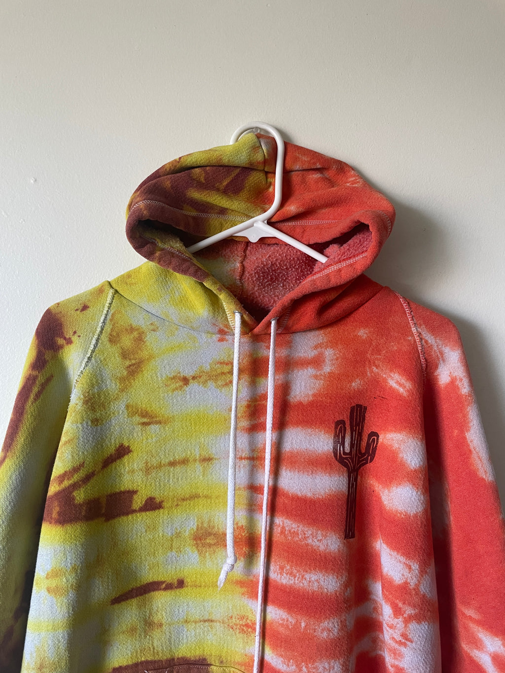 L/XL Men's Saguaro Cactus Handmade Tie Dye Hoodie | One-Of-a-Kind Upcycled Yellow and Orange Long Sleeve Sweatshirt