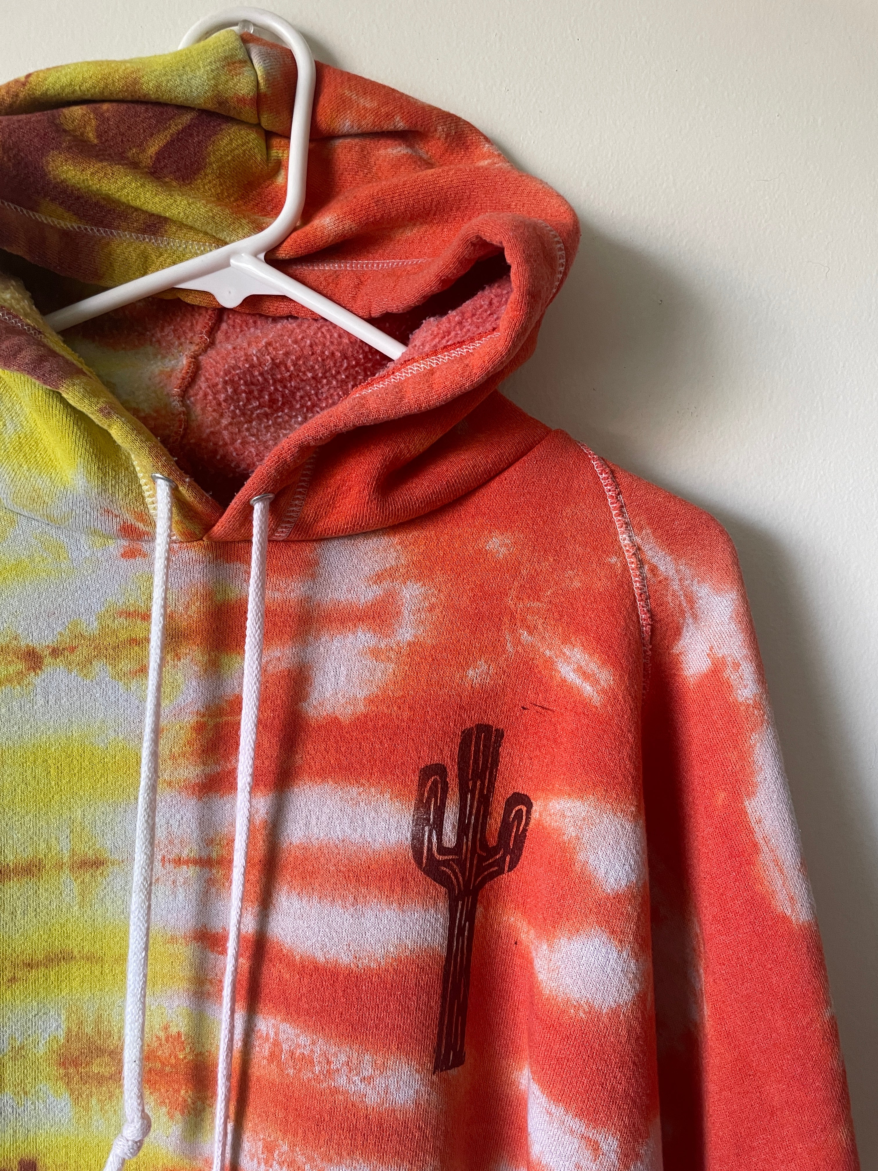 L/XL Men's Saguaro Cactus Handmade Tie Dye Hoodie | One-Of-a-Kind Upcycled Yellow and Orange Long Sleeve Sweatshirt