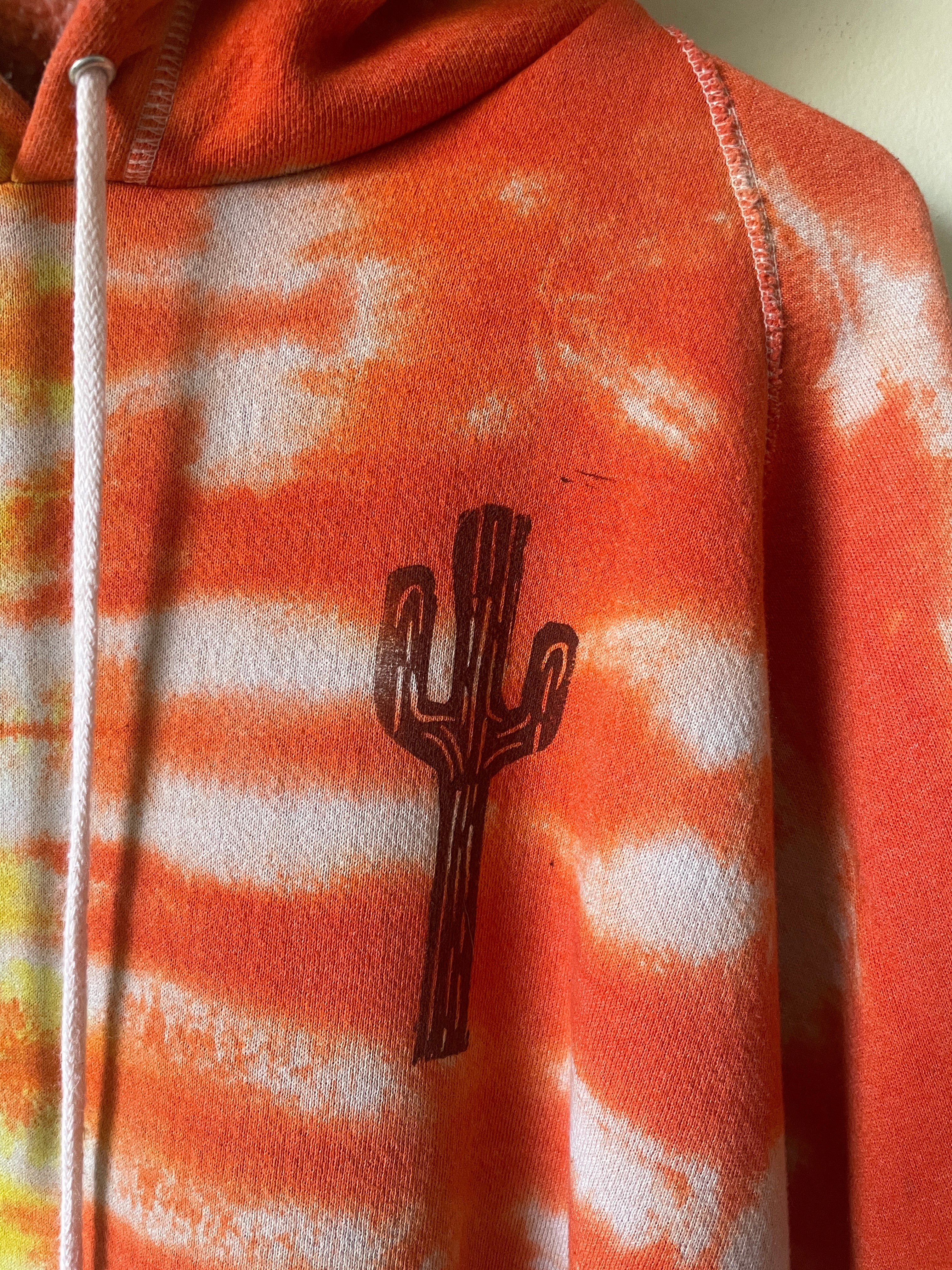 L/XL Men's Saguaro Cactus Handmade Tie Dye Hoodie | One-Of-a-Kind Upcycled Yellow and Orange Long Sleeve Sweatshirt