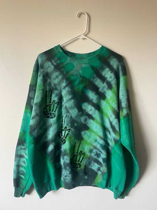 XL Men's Skeleton Peace Sign Handmade Reverse Tie Dye Crewneck | One-Of-a-Kind Upcycled Green and Black Long Sleeve Sweatshirt