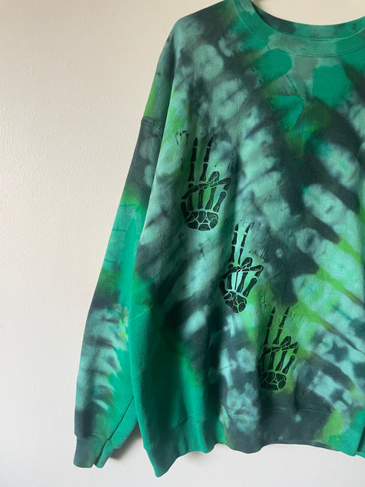 XL Men's Skeleton Peace Sign Handmade Reverse Tie Dye Crewneck | One-Of-a-Kind Upcycled Green and Black Long Sleeve Sweatshirt